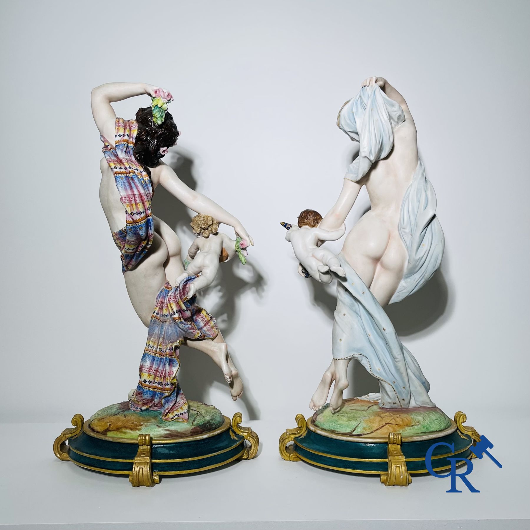 Porcelain: Large pair of multi-coloured decorated and gilded statues in biscuit with the representat - Image 4 of 9