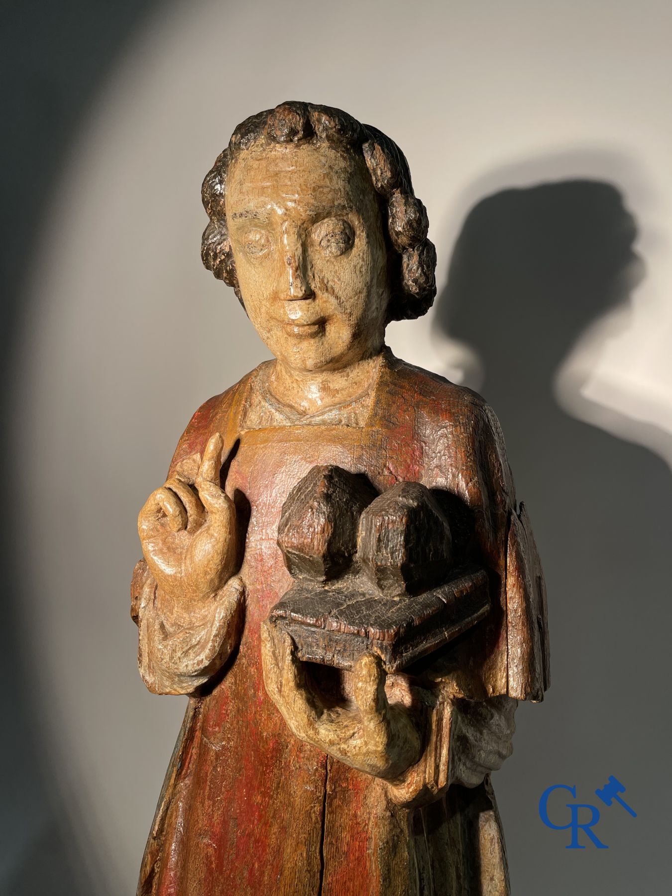 Wooden sculpture: Polychrome wood sculpture of a saint. Saint Stephen. Probably 17th century. - Image 10 of 26