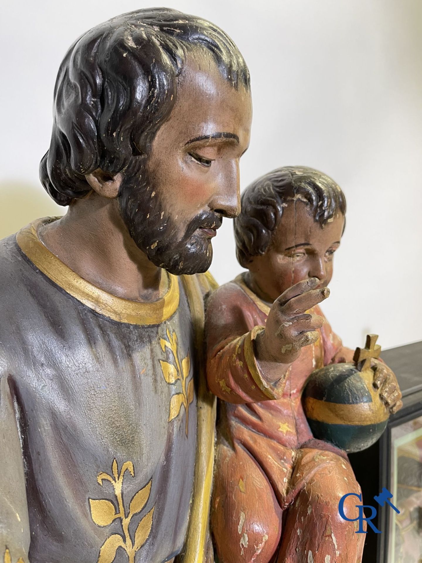 A 19th century wooden statue of Christ and a wooden display case with plaster representation of Mary - Image 3 of 25