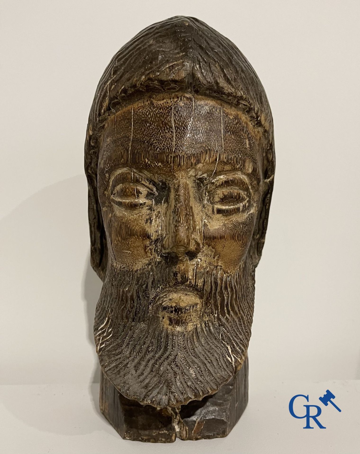 2 religious paintings and a wooden sculpted head of a saint.
19th century. - Image 6 of 7
