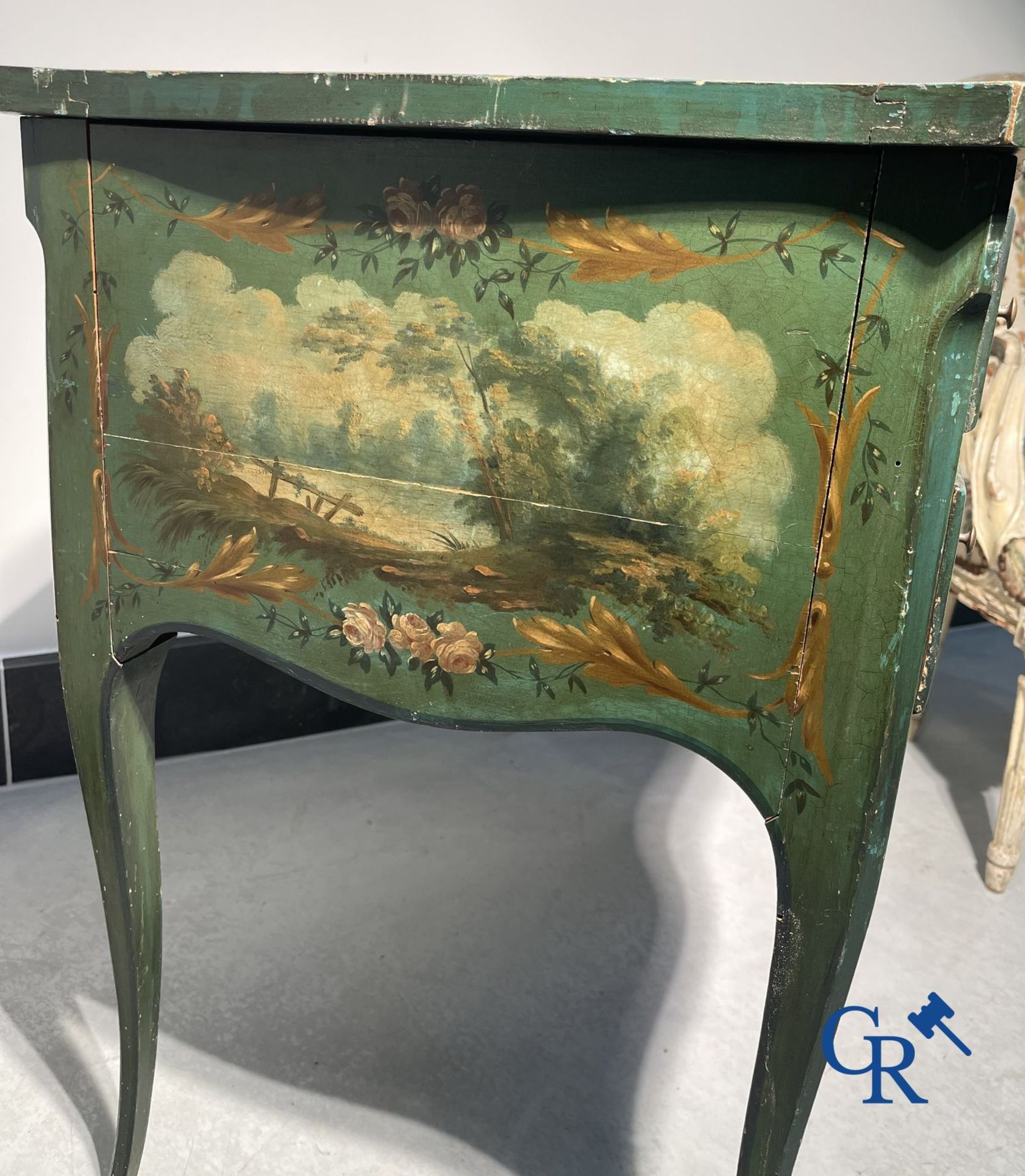 Ladies dressing table with gallant paintings, and a lacquered armchair transitional period Louis XV  - Image 5 of 17