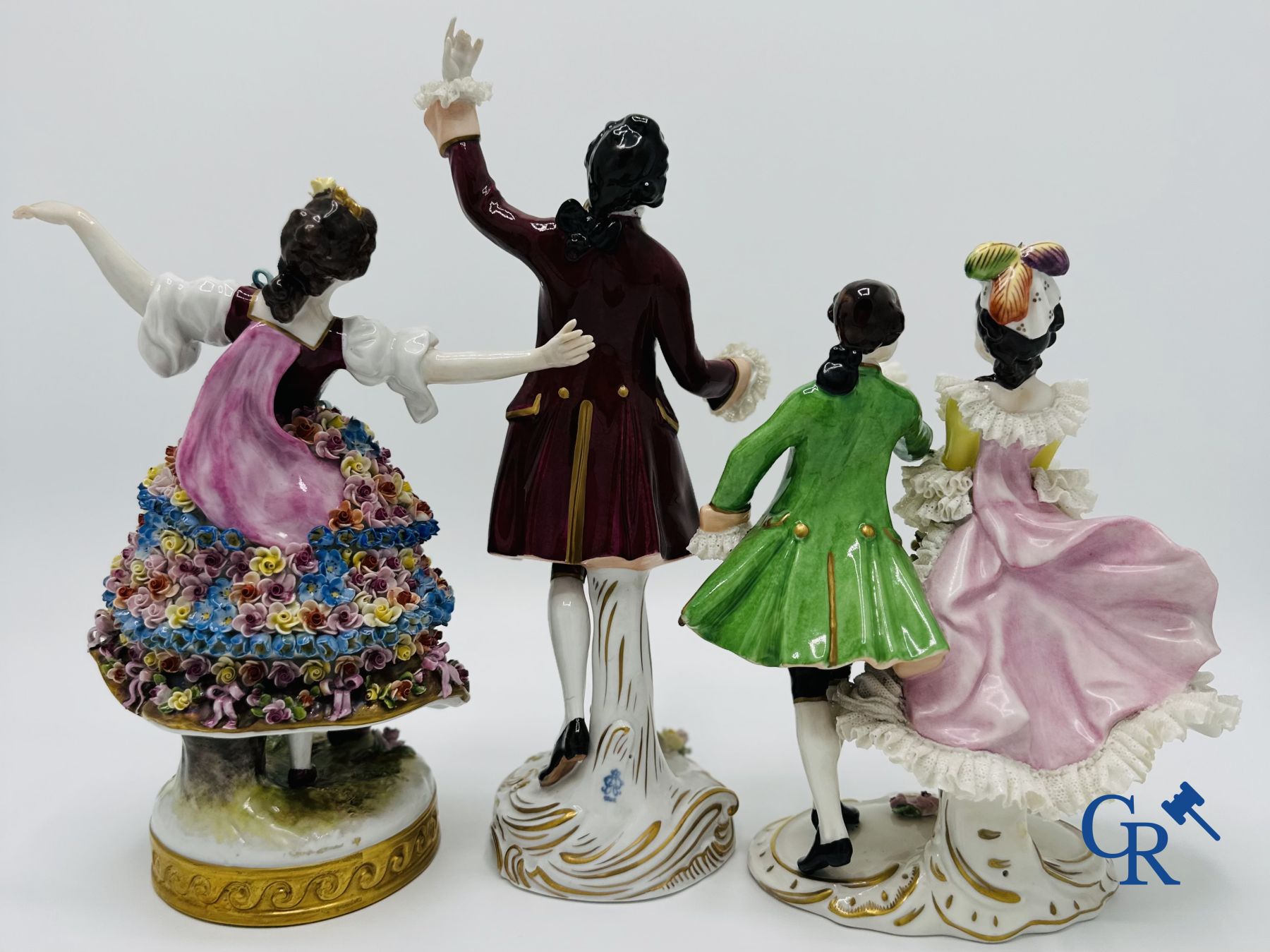 Porcelain: Volkstedt Rudolstadt: 3 porcelain romantic figures in dentelle (lace porcelain). Marked. - Image 4 of 10