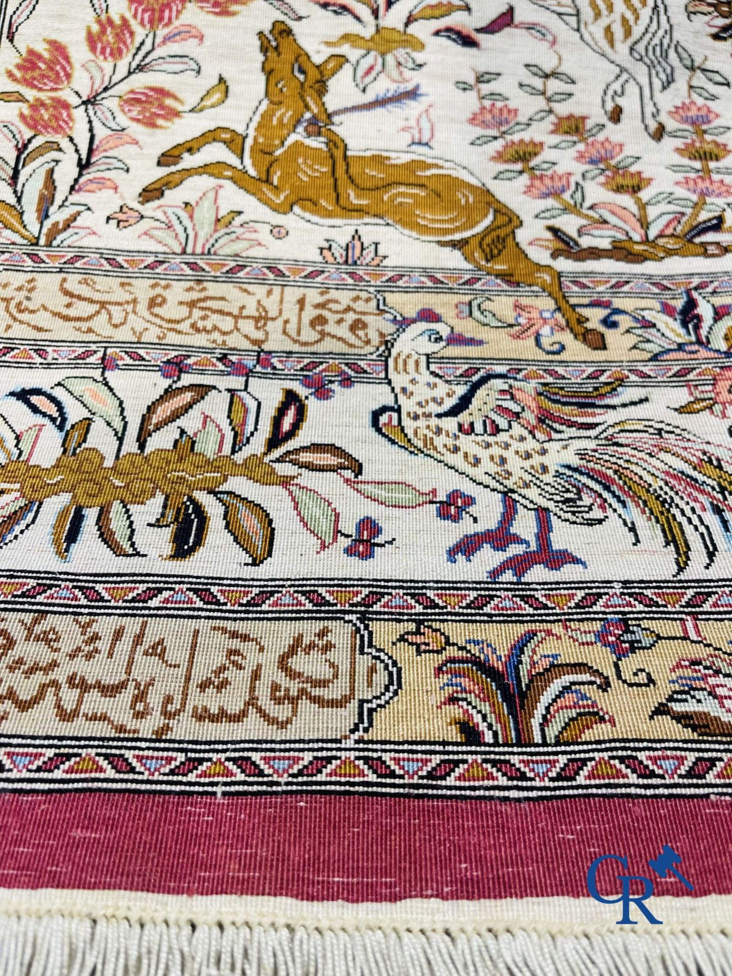 Oriental carpets: Iran, Ghoum. Signed Persian carpet in silk with a hunting decor. - Image 9 of 9