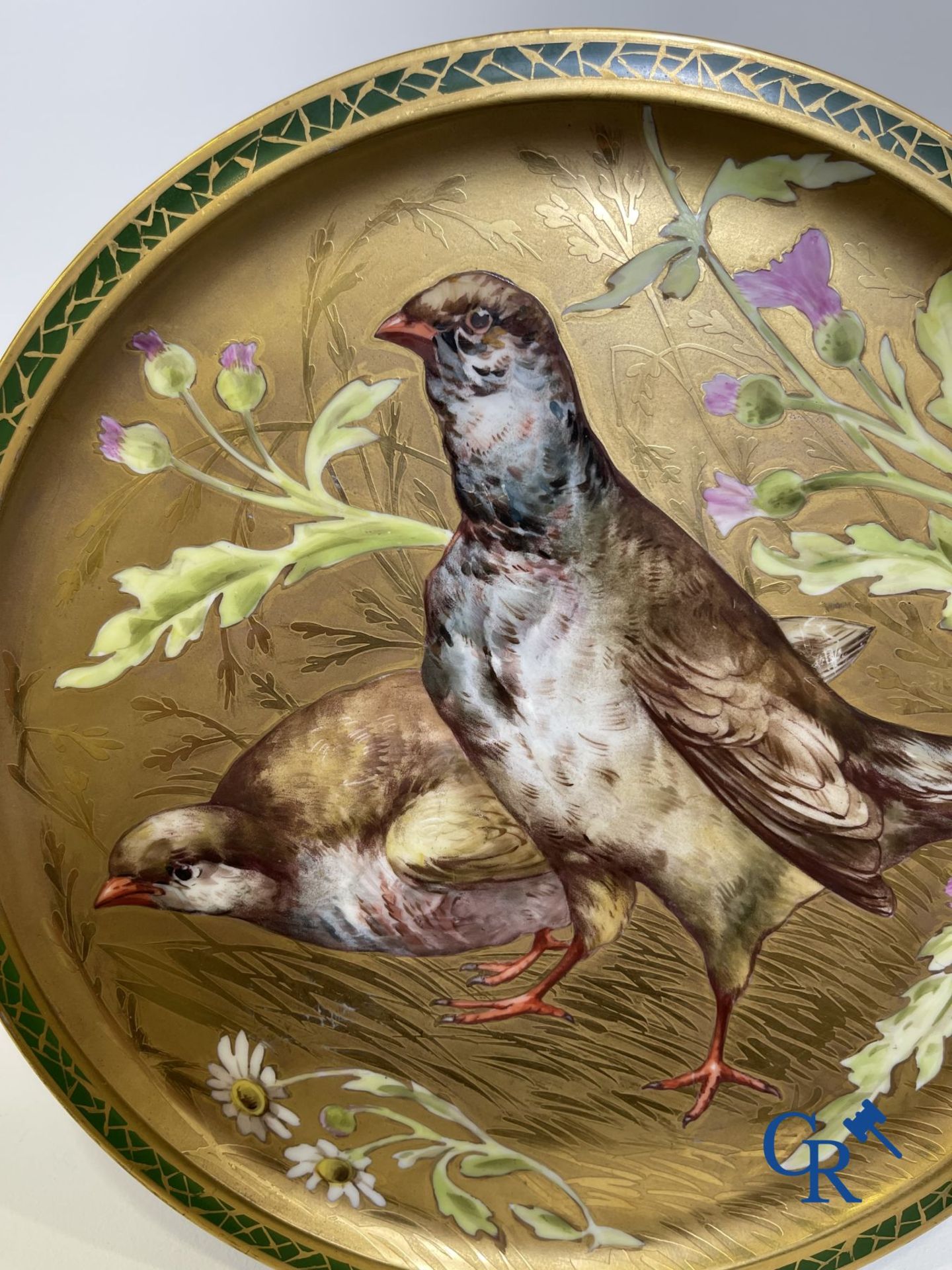 Haviland Limoges: Beautiful dish in gilded and decorated porcelain with a decoration of partridges. - Bild 3 aus 6