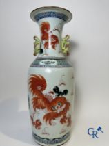 Chinese porcelain: A Chinese famille rose vase with a decor of Buddhist lions, phoenixes, birds and