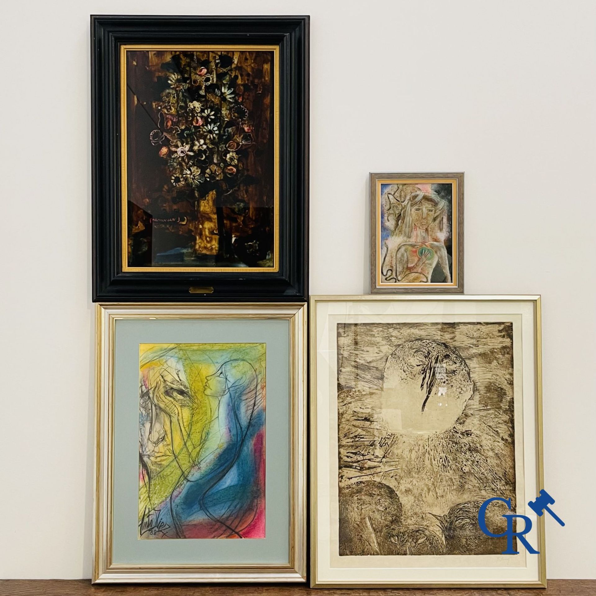 A lot of 2 églomisé paintings, a work by Anto Diez and an illegibly signed work.