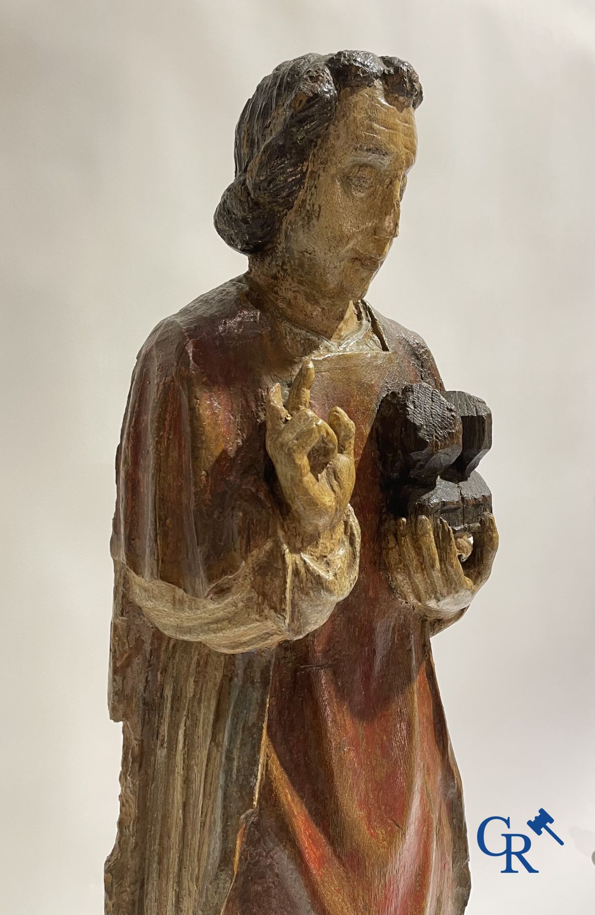 Wooden sculpture: Polychrome wood sculpture of a saint. Saint Stephen. Probably 17th century. - Image 12 of 26