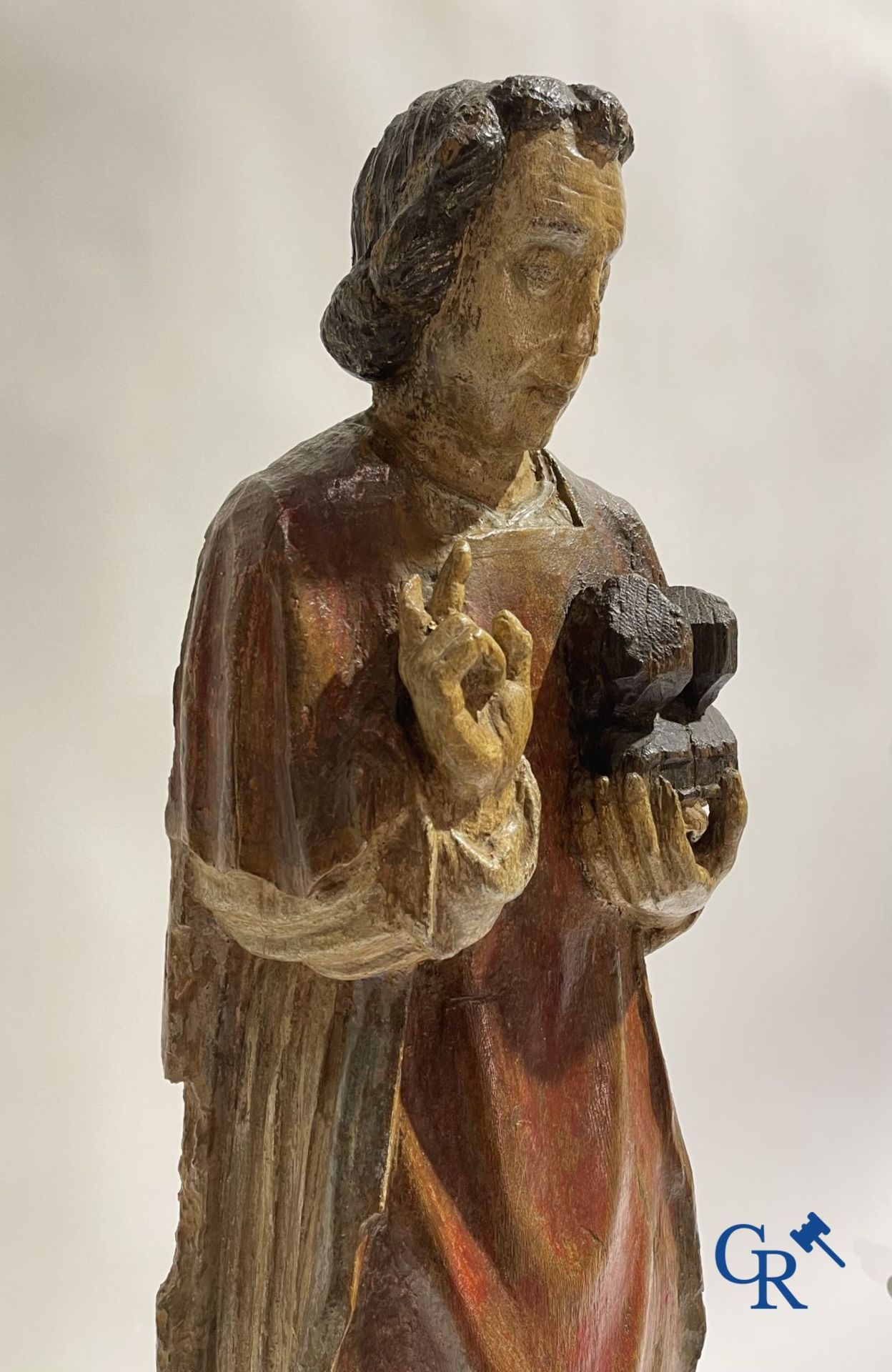 Wooden sculpture: Polychrome wood sculpture of a saint. Saint Stephen. Probably 17th century. - Bild 12 aus 26