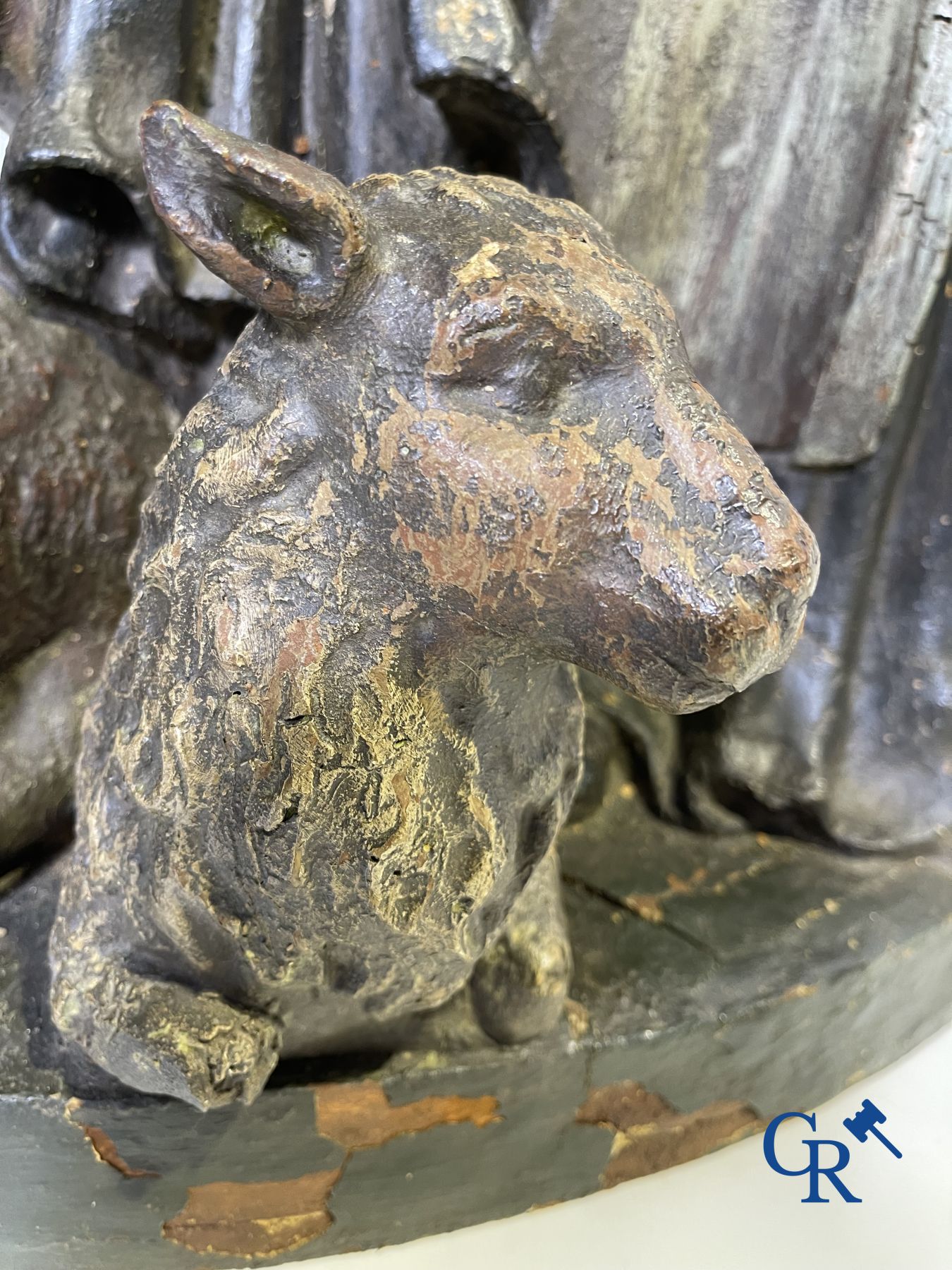 Imposing 17th century polychrome wooden statue of a Saint accompanied by a cow, a pig and a sheep. - Image 15 of 23