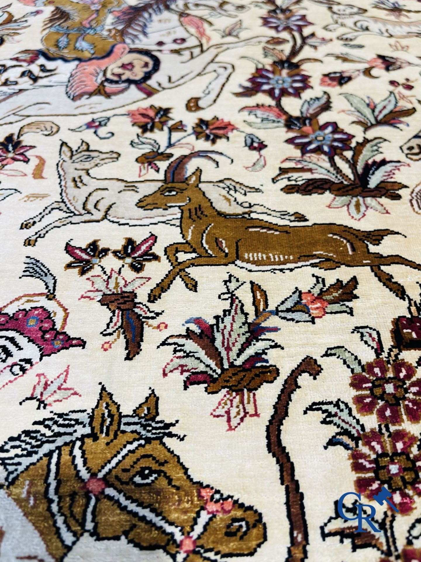 Oriental carpets: Iran, Ghoum. Signed Persian carpet in silk with a hunting decor. - Image 7 of 9