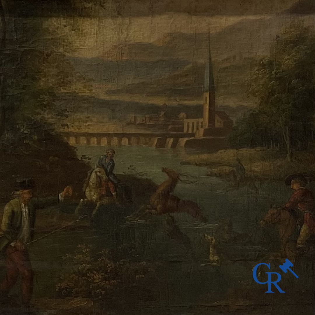 Painting: Oil on canvas, hunting scene, 18th century. - Image 8 of 8