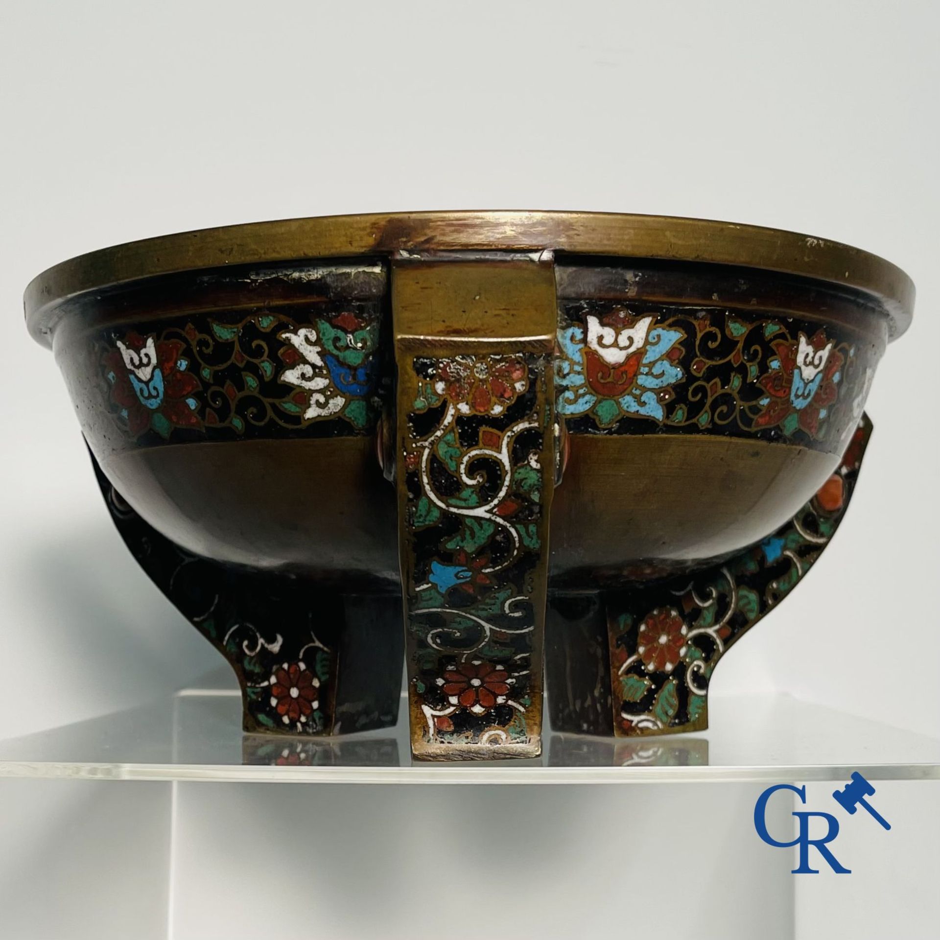 Asian Art: A three-legged bronze and cloisonne incense burner. Marked. - Image 4 of 21