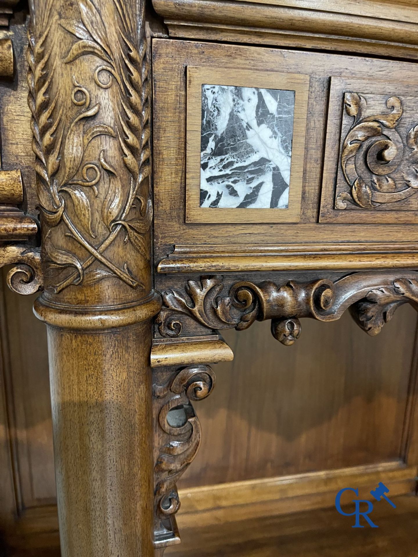 Furniture: A finely carved walnut credence in neo renaissance style with marble inlay. - Image 9 of 21