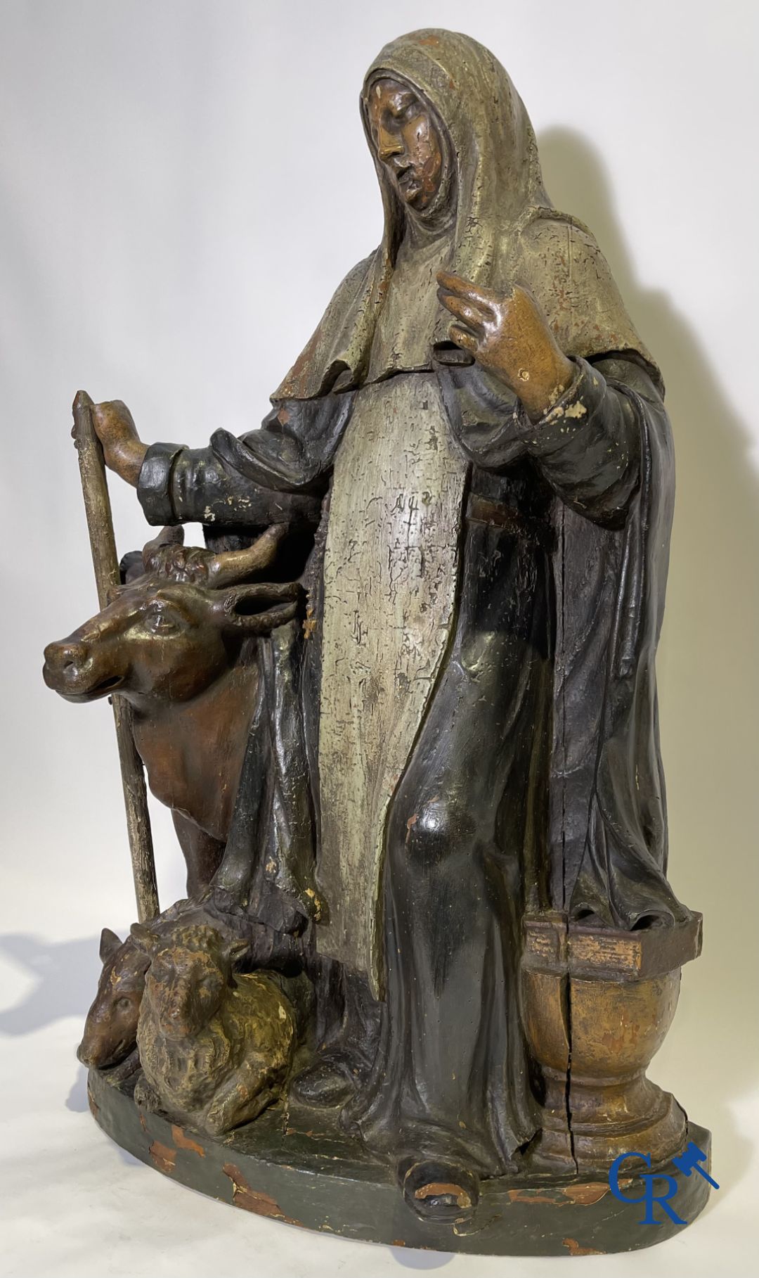 Imposing 17th century polychrome wooden statue of a Saint accompanied by a cow, a pig and a sheep. - Image 2 of 23