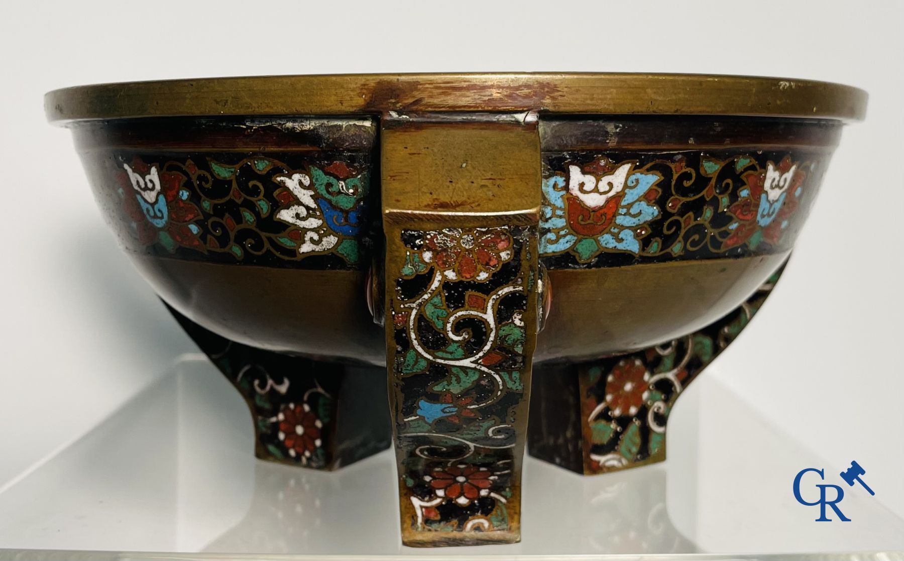 Asian Art: A three-legged bronze and cloisonne incense burner. Marked. - Image 14 of 21