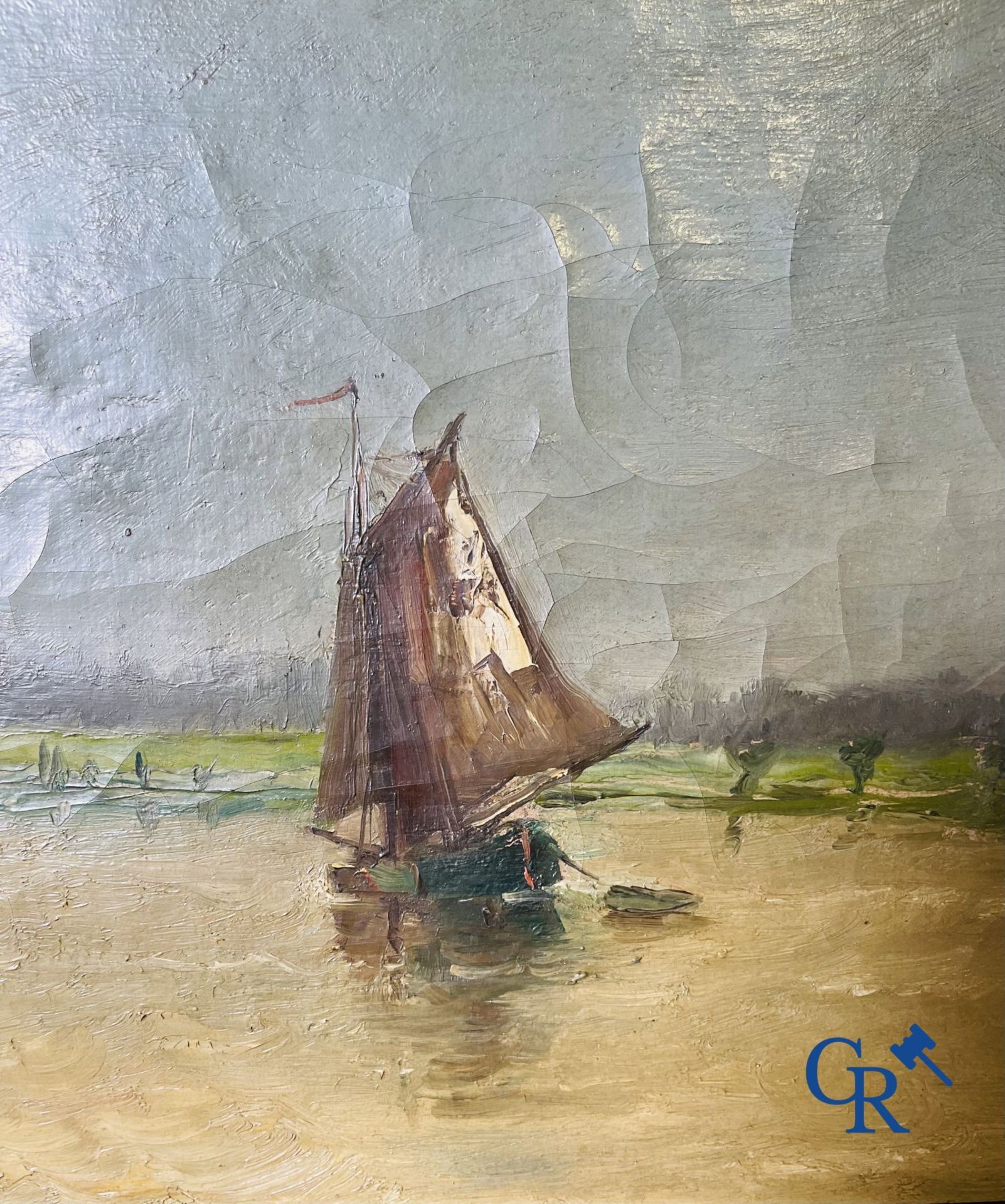 2 Paintings: Edouard Vanderhaeghen. Sailboat in the polders and a sea view. Signed illegibly. - Image 3 of 8