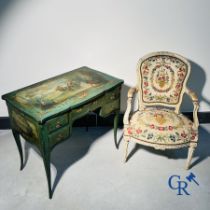 Ladies dressing table with gallant paintings, and a lacquered armchair transitional period Louis XV