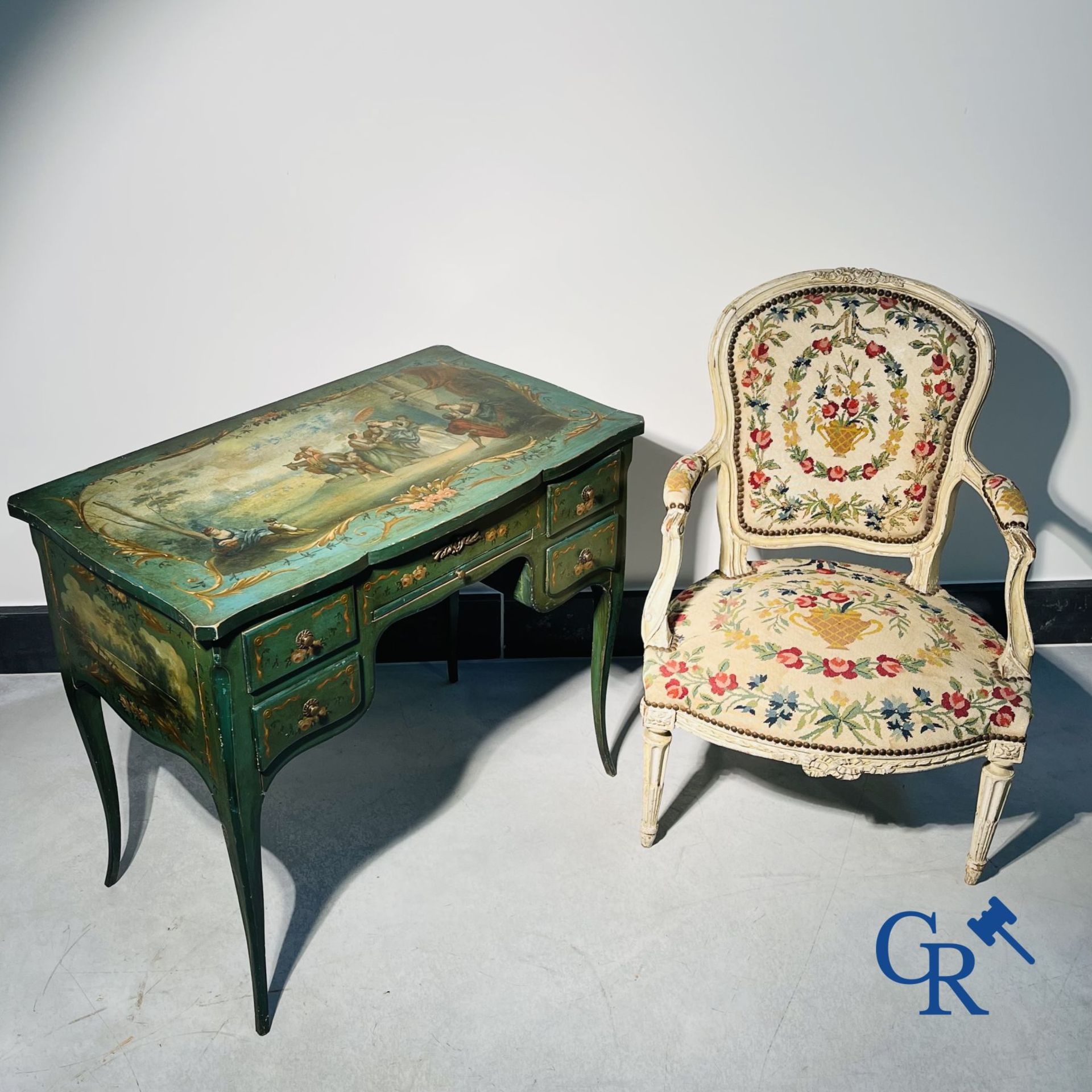 Ladies dressing table with gallant paintings, and a lacquered armchair transitional period Louis XV 