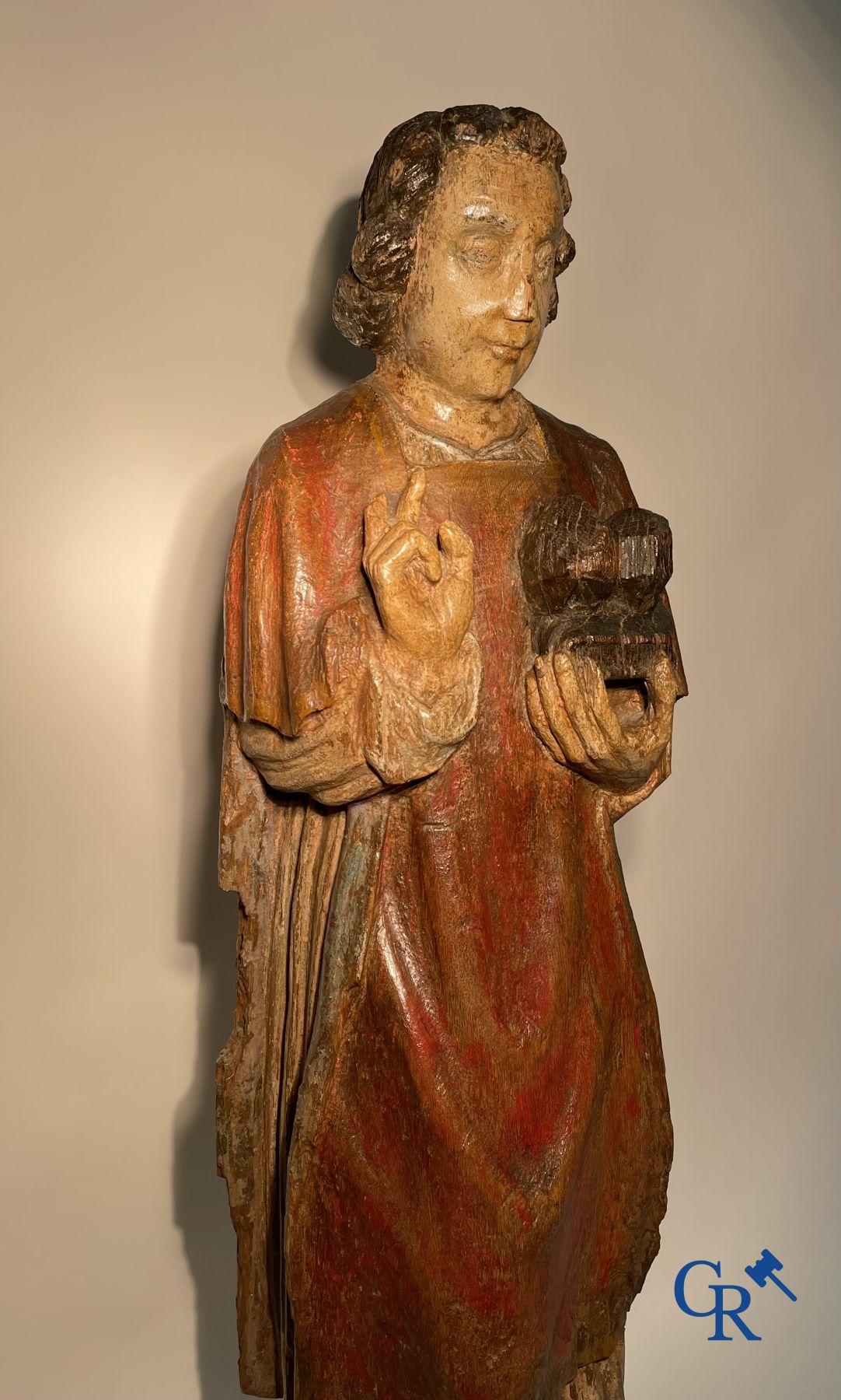 Wooden sculpture: Polychrome wood sculpture of a saint. Saint Stephen. Probably 17th century. - Image 9 of 26