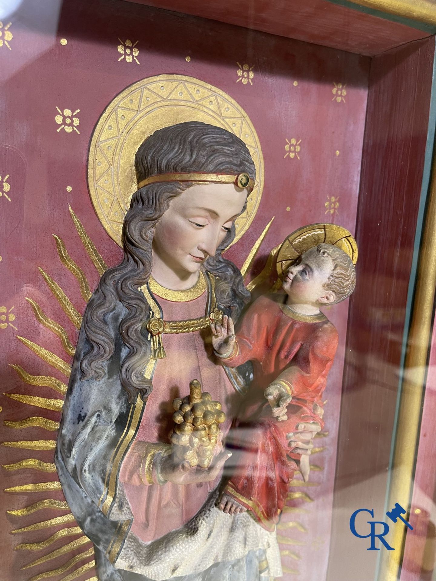 A 19th century wooden statue of Christ and a wooden display case with plaster representation of Mary - Image 16 of 25