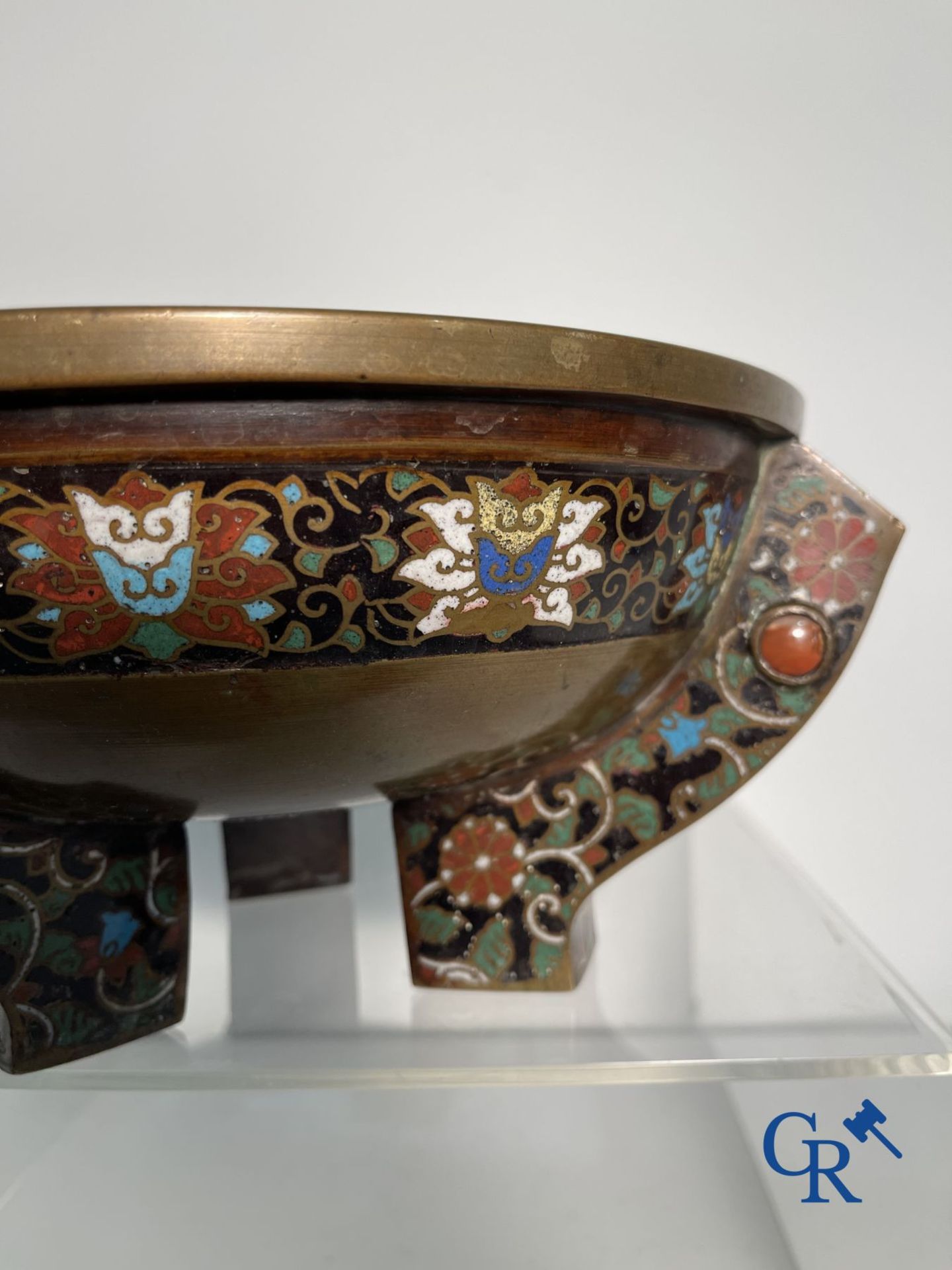 Asian Art: A three-legged bronze and cloisonne incense burner. Marked. - Image 6 of 21
