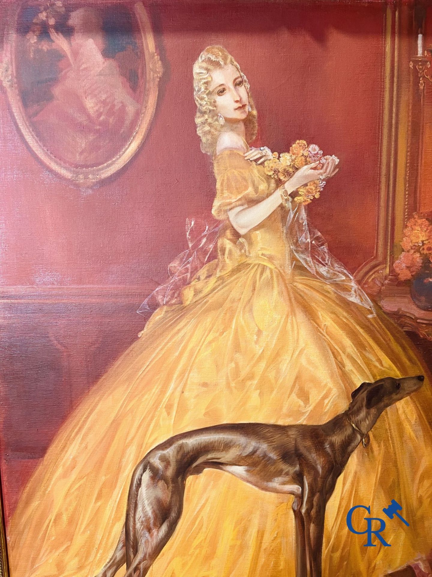 Karel Van Belle: Elegant lady with greyhound. Oil on canvas. - Image 6 of 10