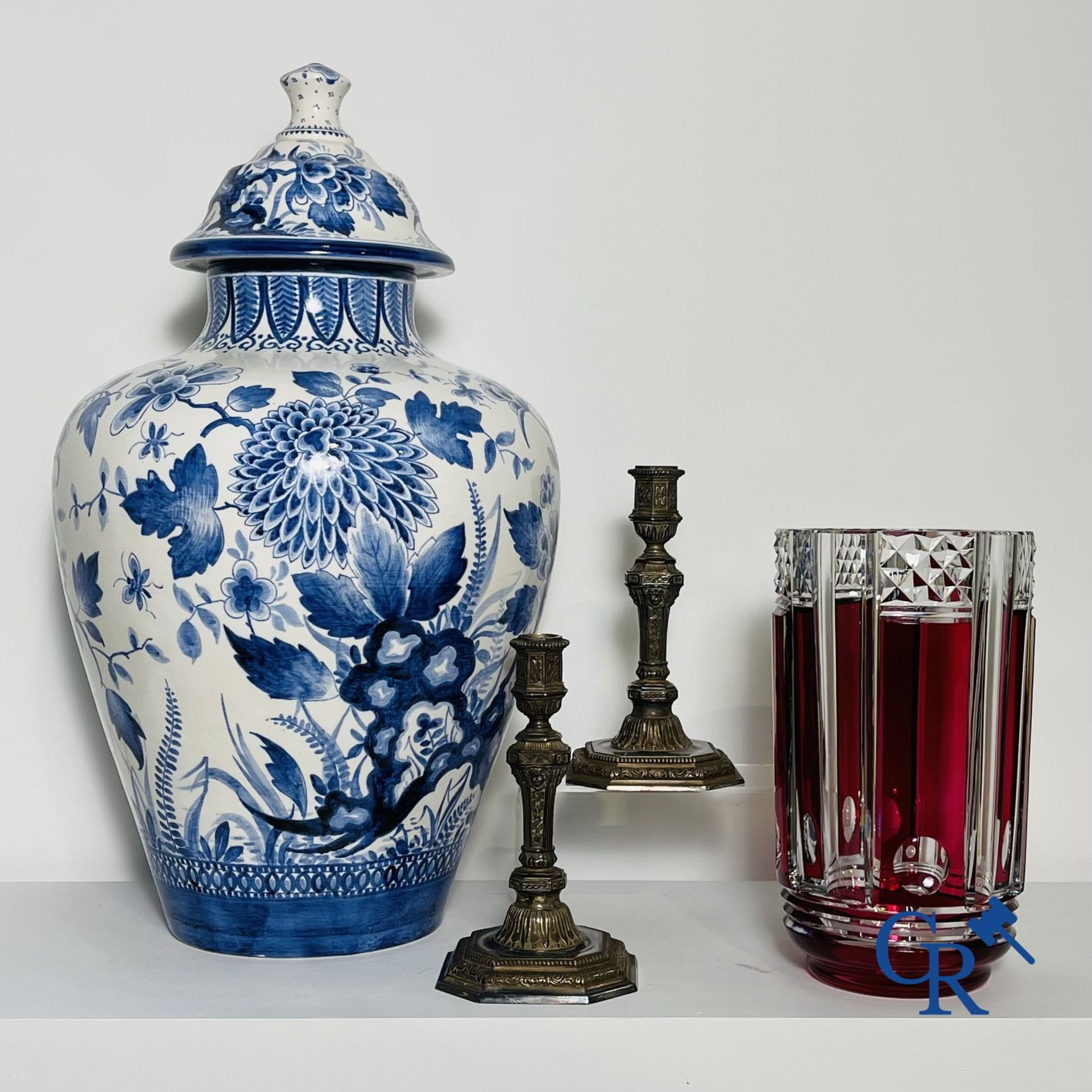 An Art Deco vase Val Saint Lambert, a pair of candlesticks Christofle model Duperier and a large vas