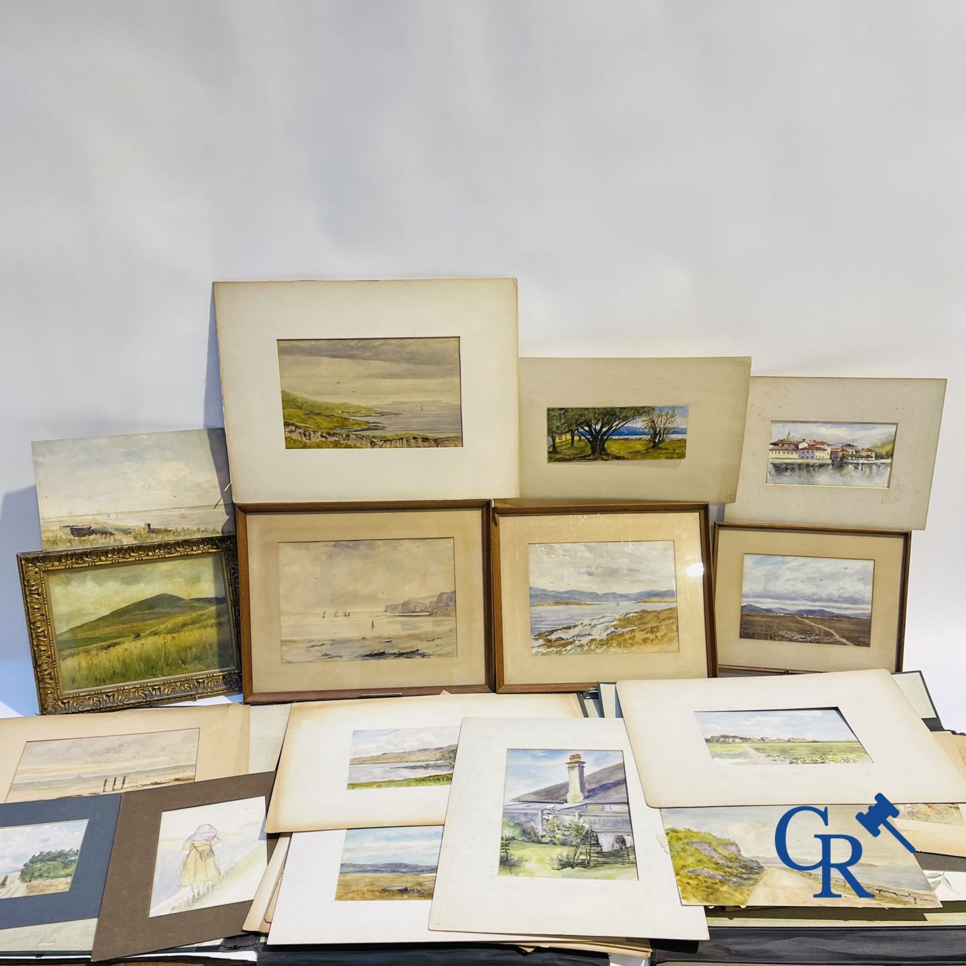 Interesting lot with gouaches and pastel drawings. Period 1880-1920.