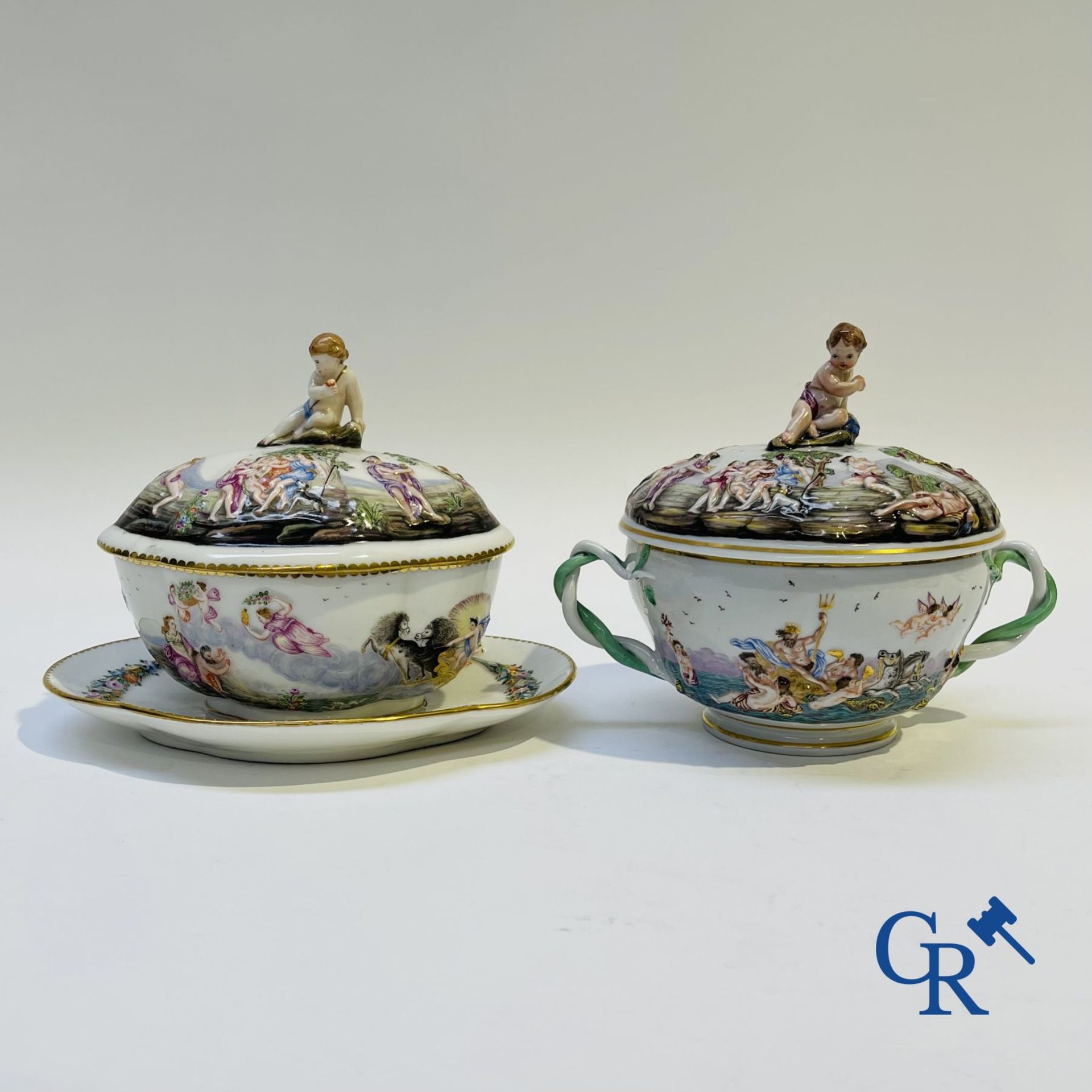 Porcelain: 2 pieces of fine porcelain with mythological scenes. 19th century.
