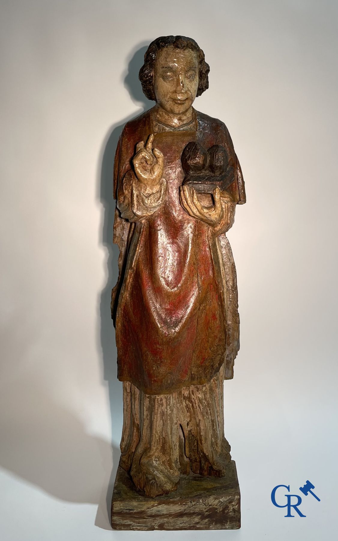 Wooden sculpture: Polychrome wood sculpture of a saint. Saint Stephen. Probably 17th century. - Image 5 of 26