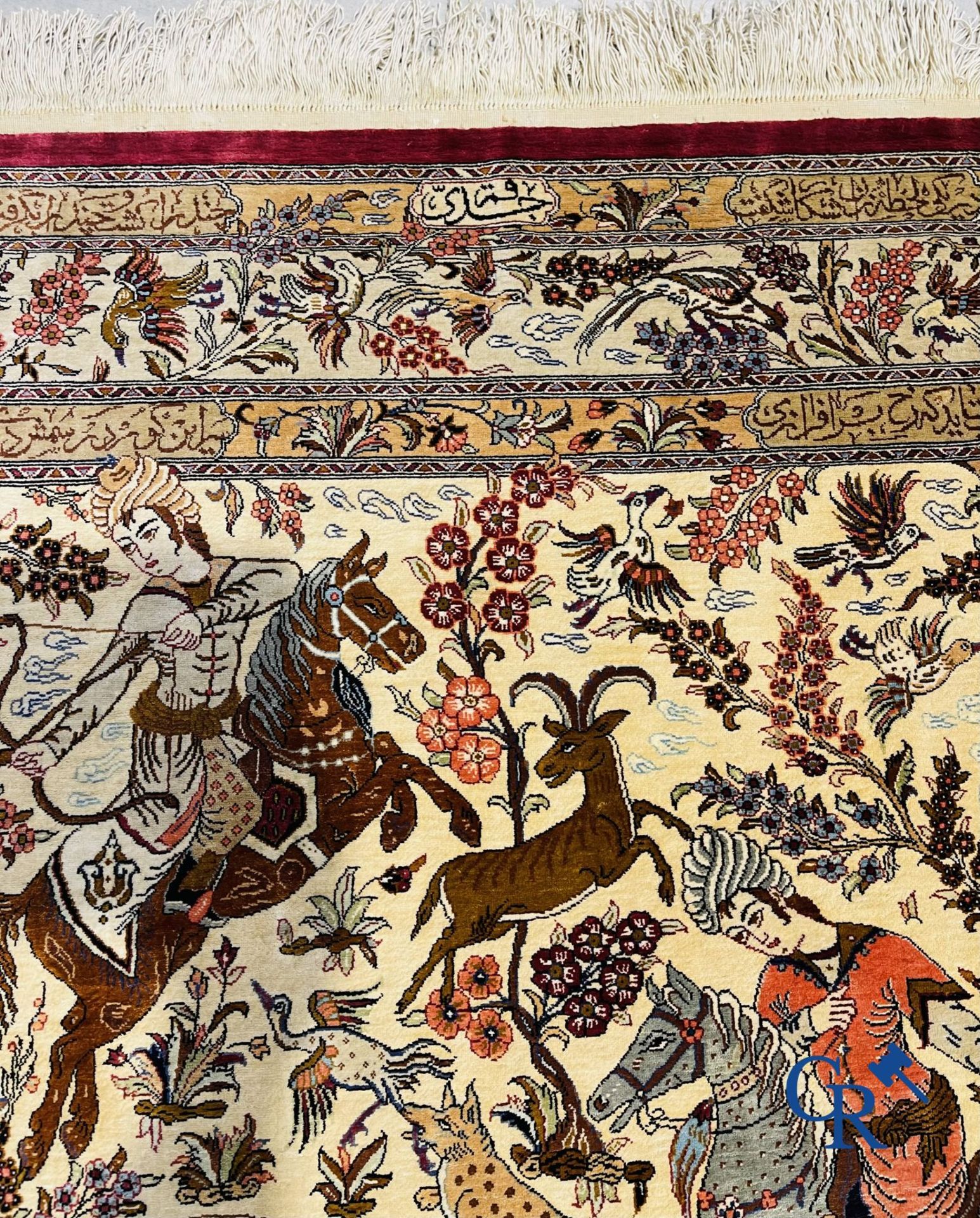 Oriental carpets: Iran, Ghoum. Signed Persian carpet in silk with a hunting decor. - Bild 5 aus 9