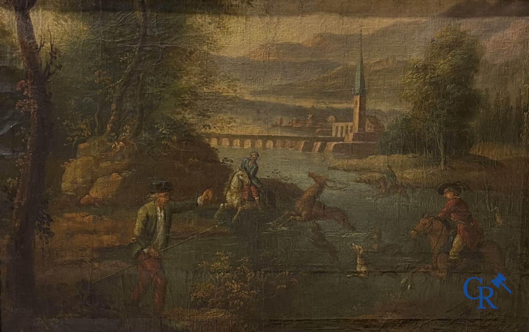 Painting: Oil on canvas, hunting scene, 18th century. - Image 7 of 8