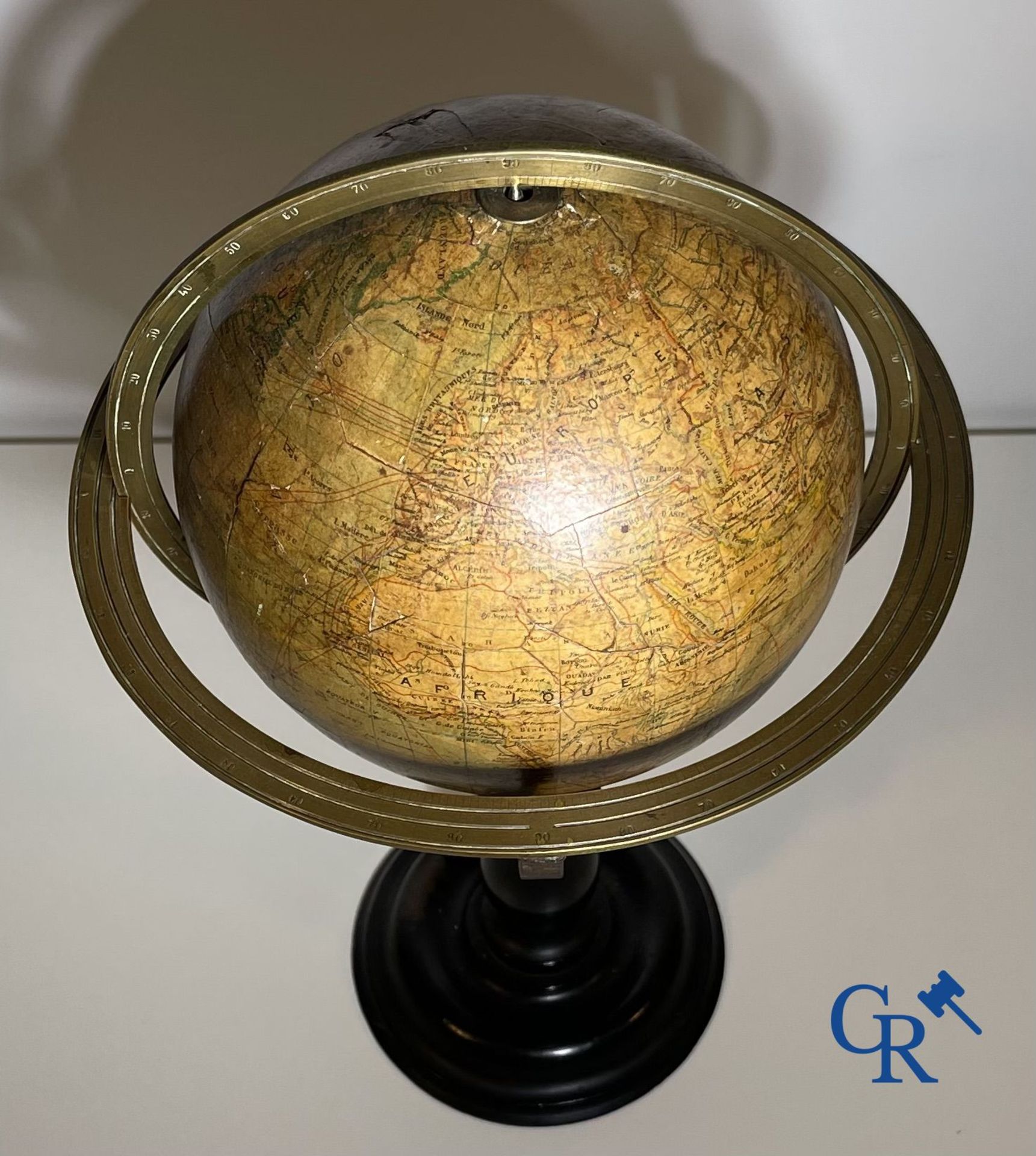 An antique globe with meridian circle on a black lacquered wooden base. 19th century. - Image 3 of 10