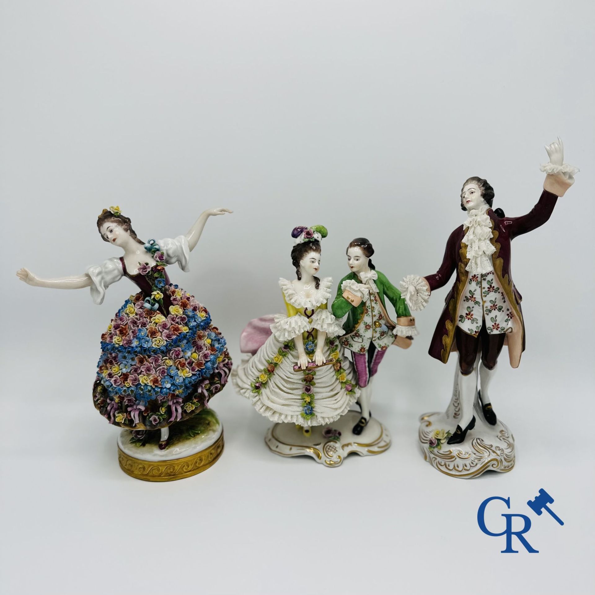 Porcelain: Volkstedt Rudolstadt: 3 porcelain romantic figures in dentelle (lace porcelain). Marked.