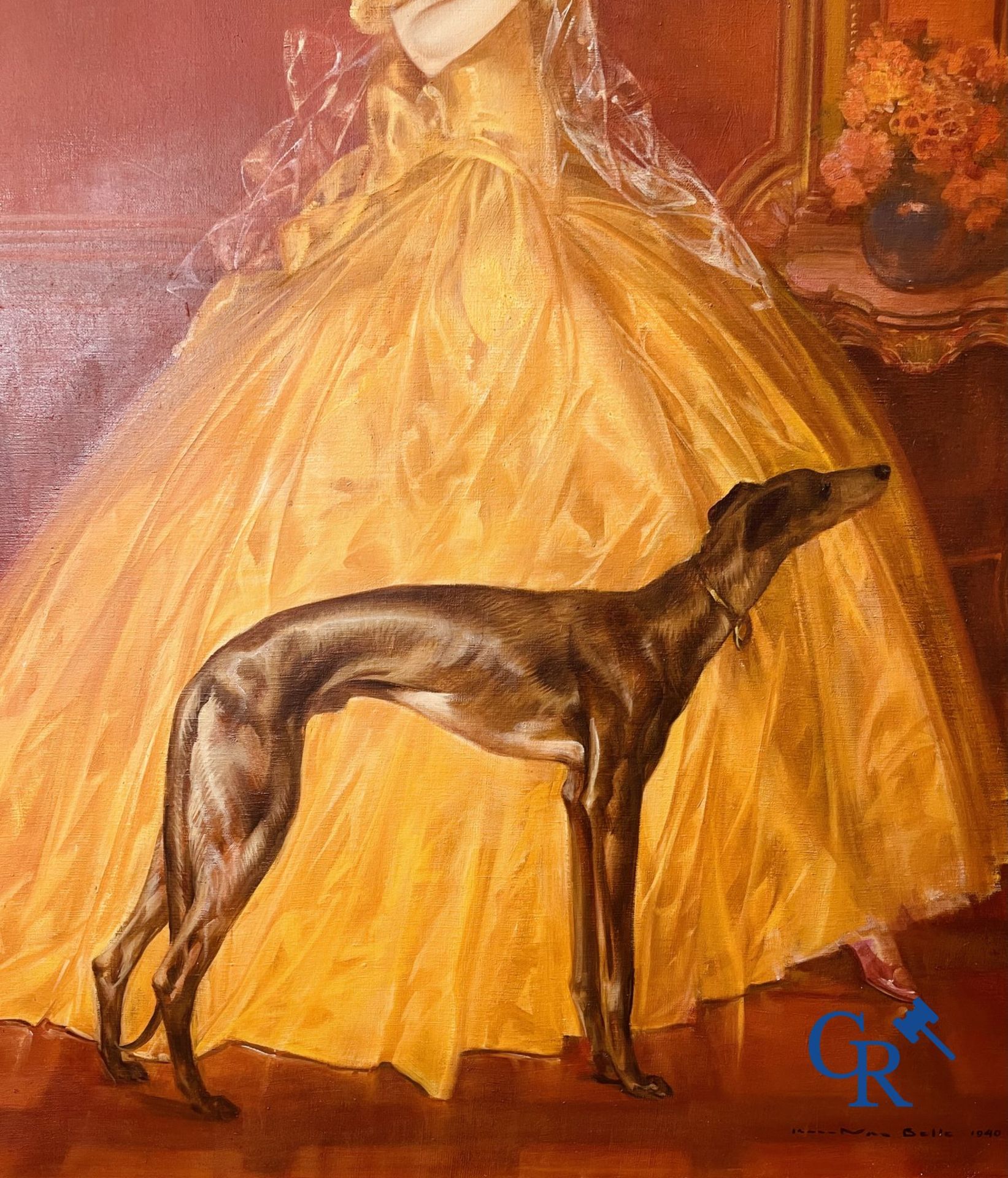 Karel Van Belle: Elegant lady with greyhound. Oil on canvas. - Image 5 of 10