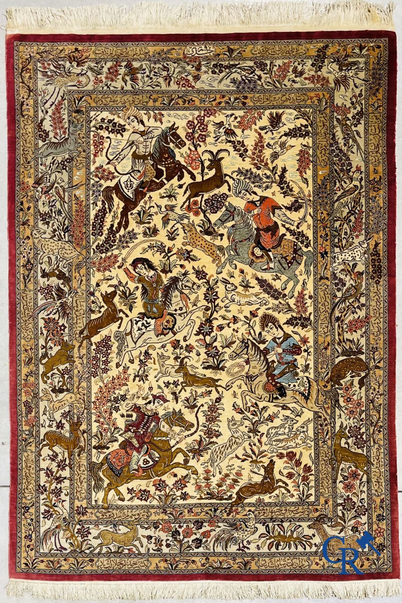 Oriental carpets: Iran, Ghoum. Signed Persian carpet in silk with a hunting decor. - Bild 2 aus 9