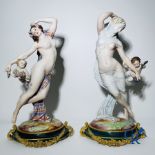 Porcelain: Large pair of multi-coloured decorated and gilded statues in biscuit with the representat