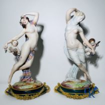 Porcelain: Large pair of multi-coloured decorated and gilded statues in biscuit with the representat