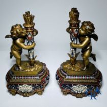 Bronze/Sculpture: Pair of ornamental objects in bronze and champlevé enamel.
