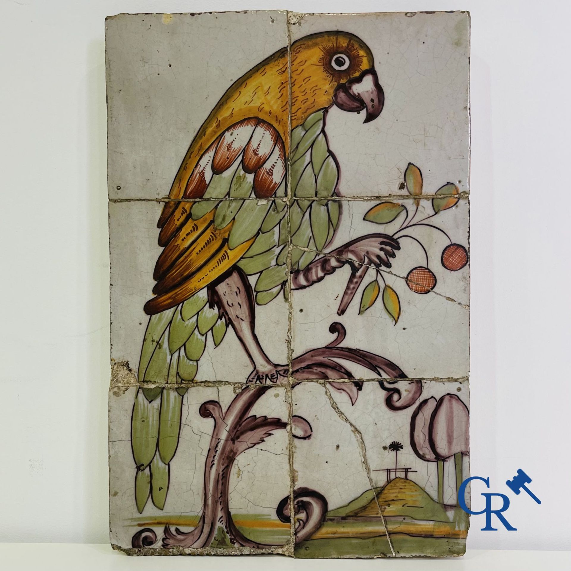 A polychrome tile panel with a parrot. Probably northern France. (Lille) 18th century. - Image 2 of 5