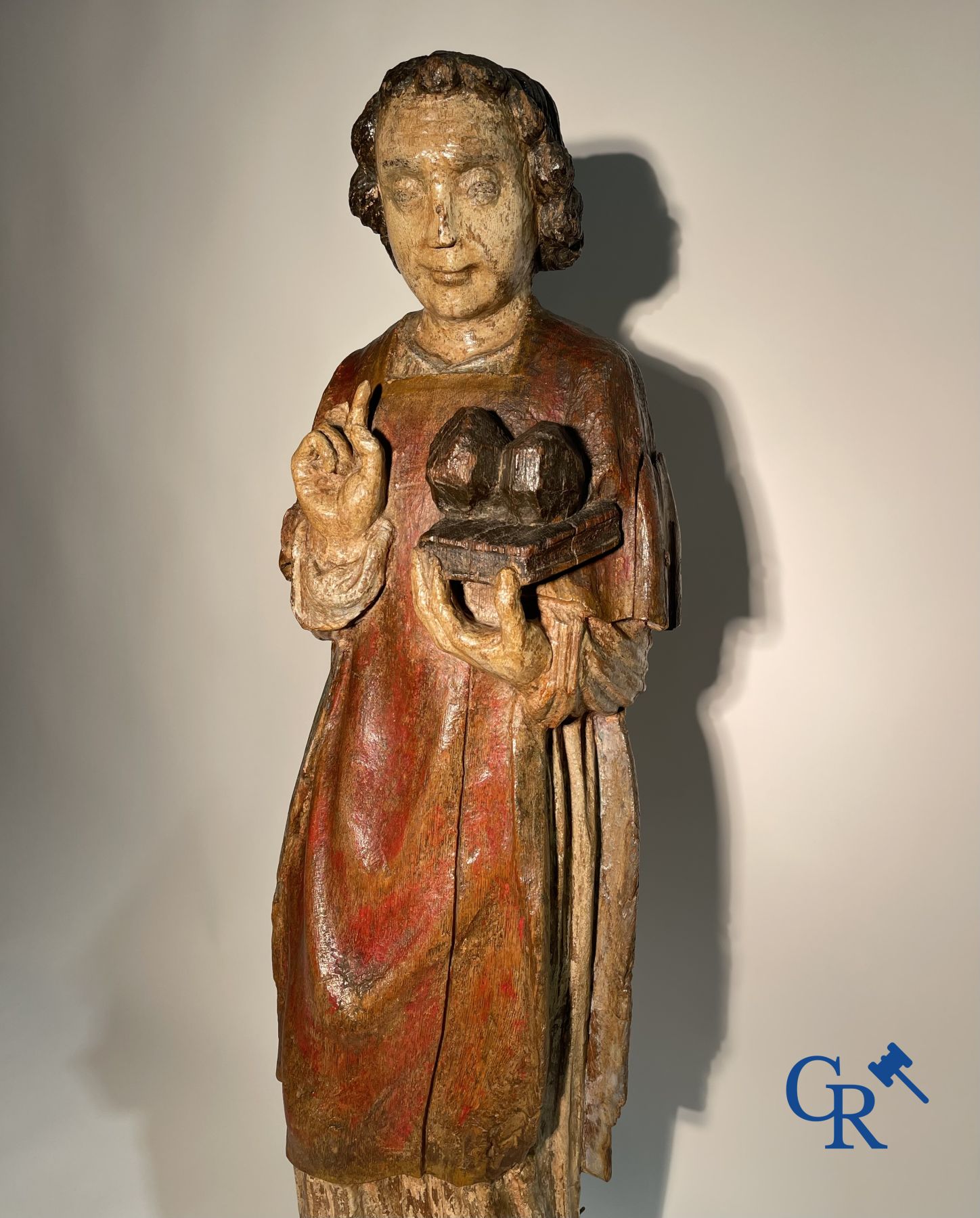 Wooden sculpture: Polychrome wood sculpture of a saint. Saint Stephen. Probably 17th century. - Image 8 of 26