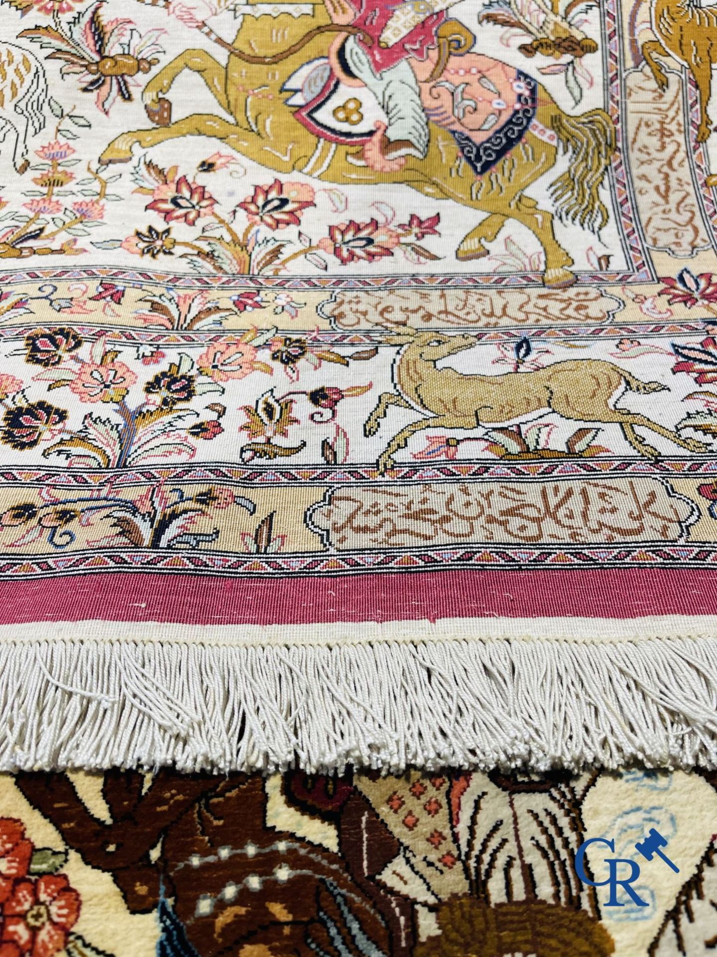 Oriental carpets: Iran, Ghoum. Signed Persian carpet in silk with a hunting decor. - Image 8 of 9