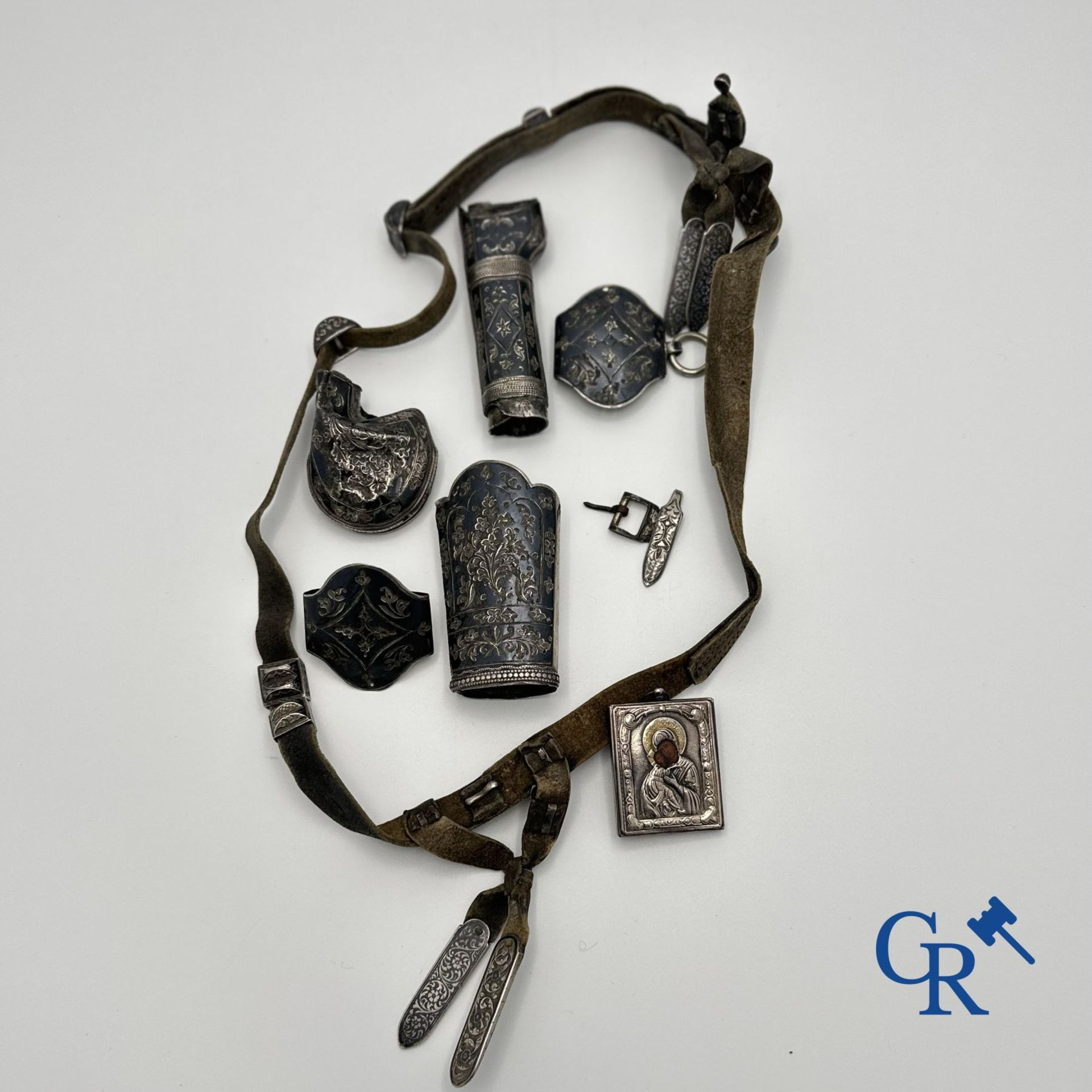 Jewellery-silver: Russian work: Caucasian belt in silver and pendant with icon in silver.