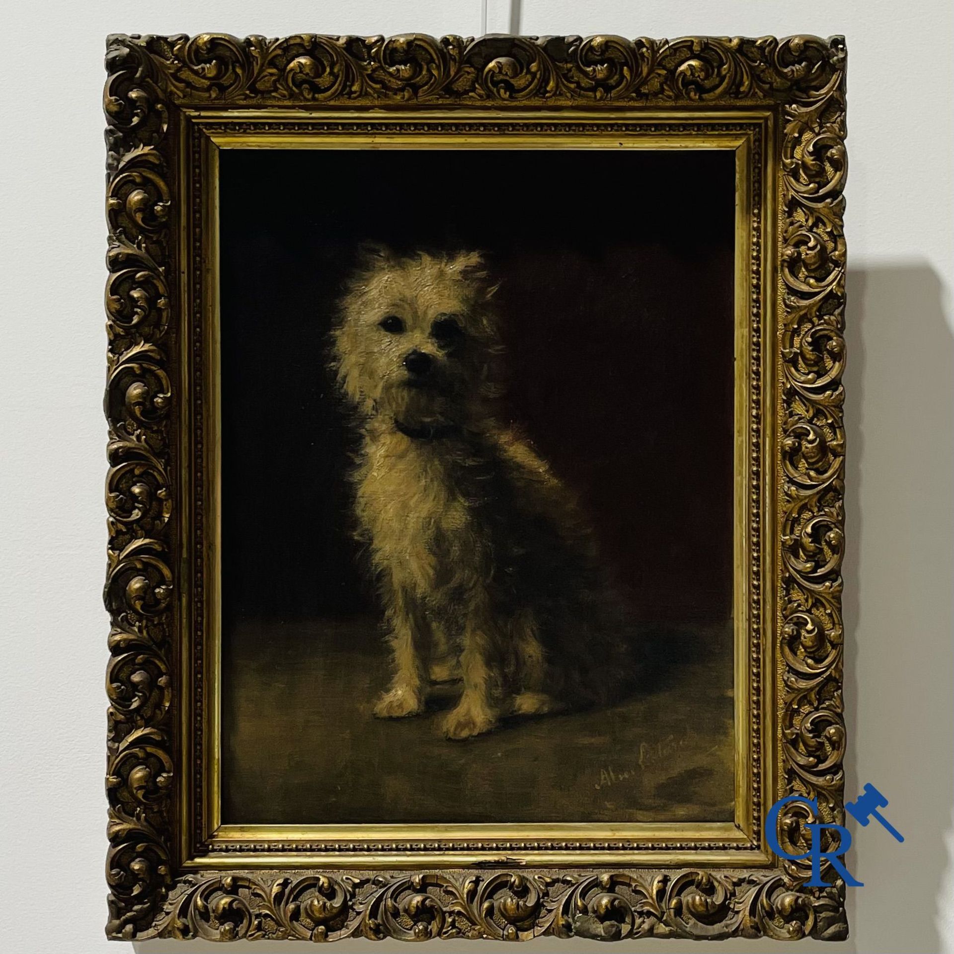 Painting: Alice Léotard, oil on canvas. Portrait of a dog.