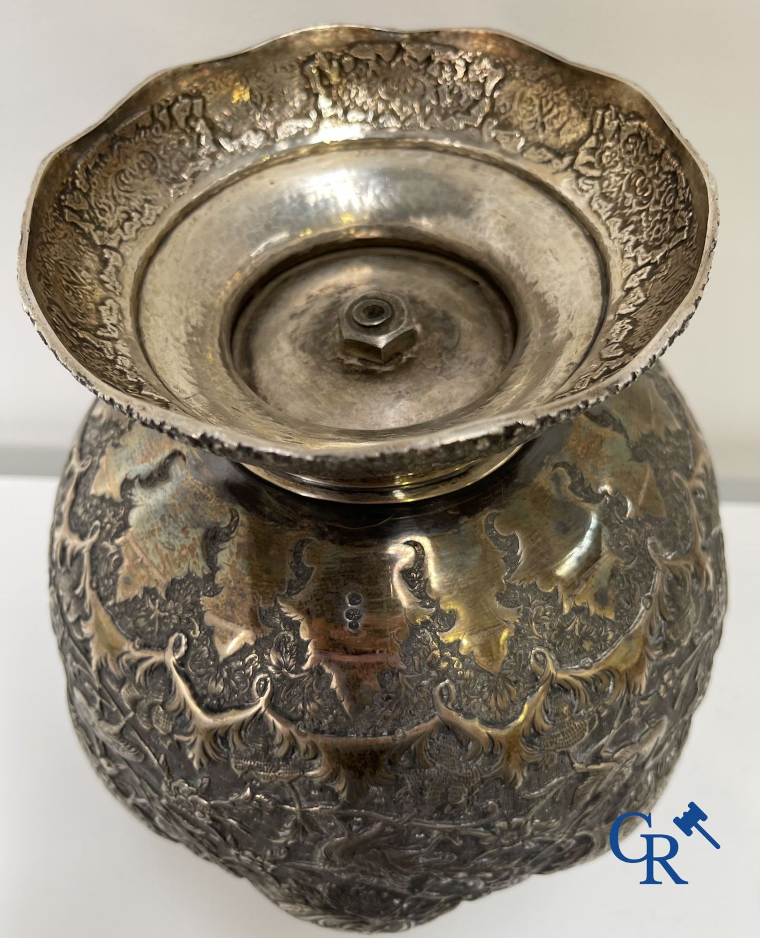 Silver: Vase in silver (Iran?) with a fine decor of birds, forest animals and characters. - Image 12 of 12