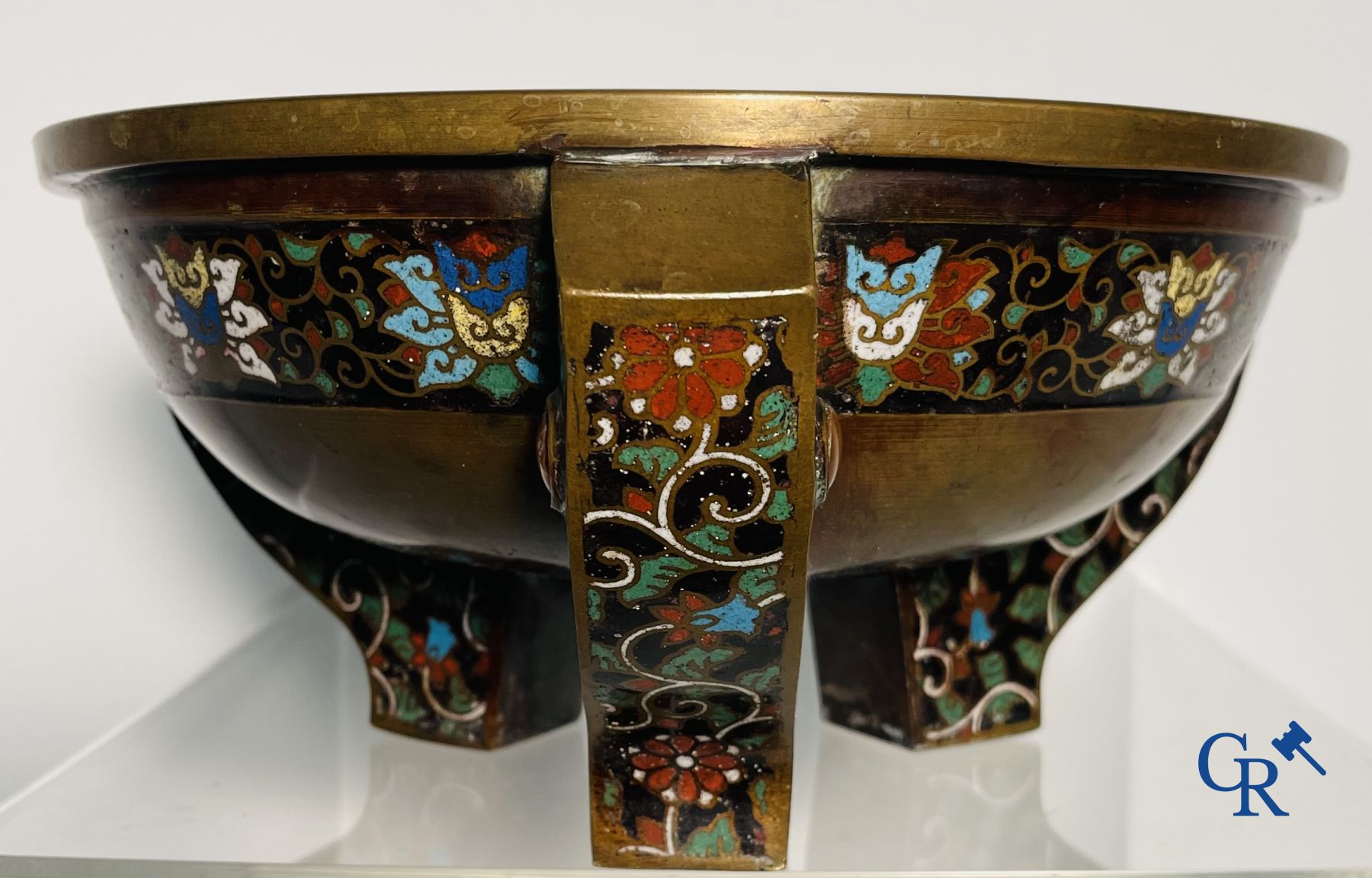 Asian Art: A three-legged bronze and cloisonne incense burner. Marked. - Image 10 of 21