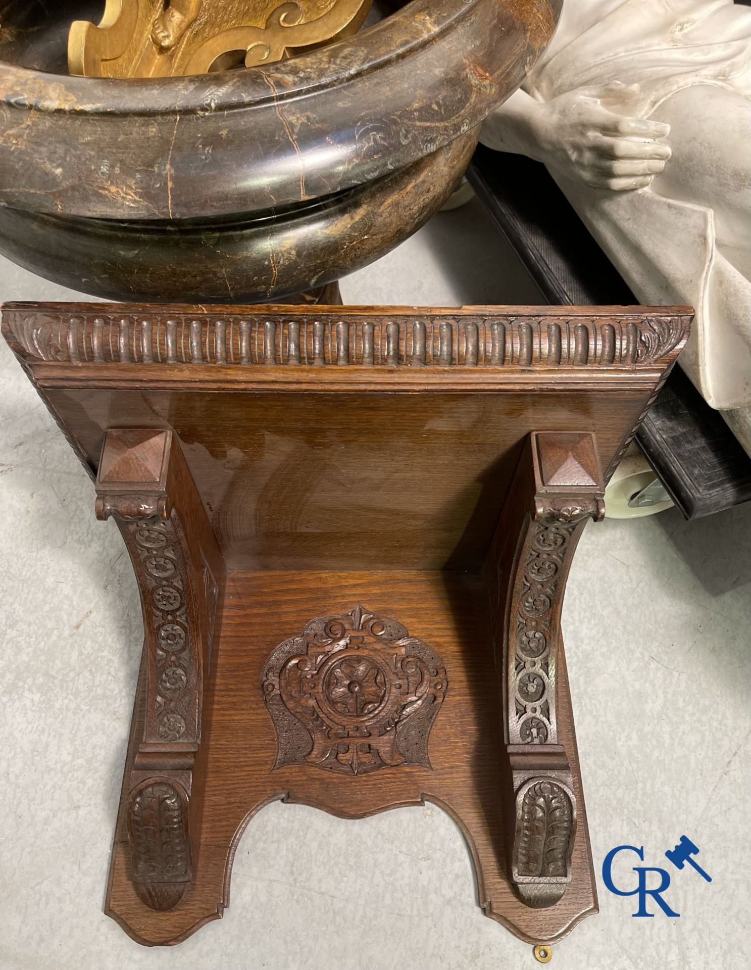 Clock with multiple bells and music in oak sculpted case with matching pedestal. - Image 8 of 10