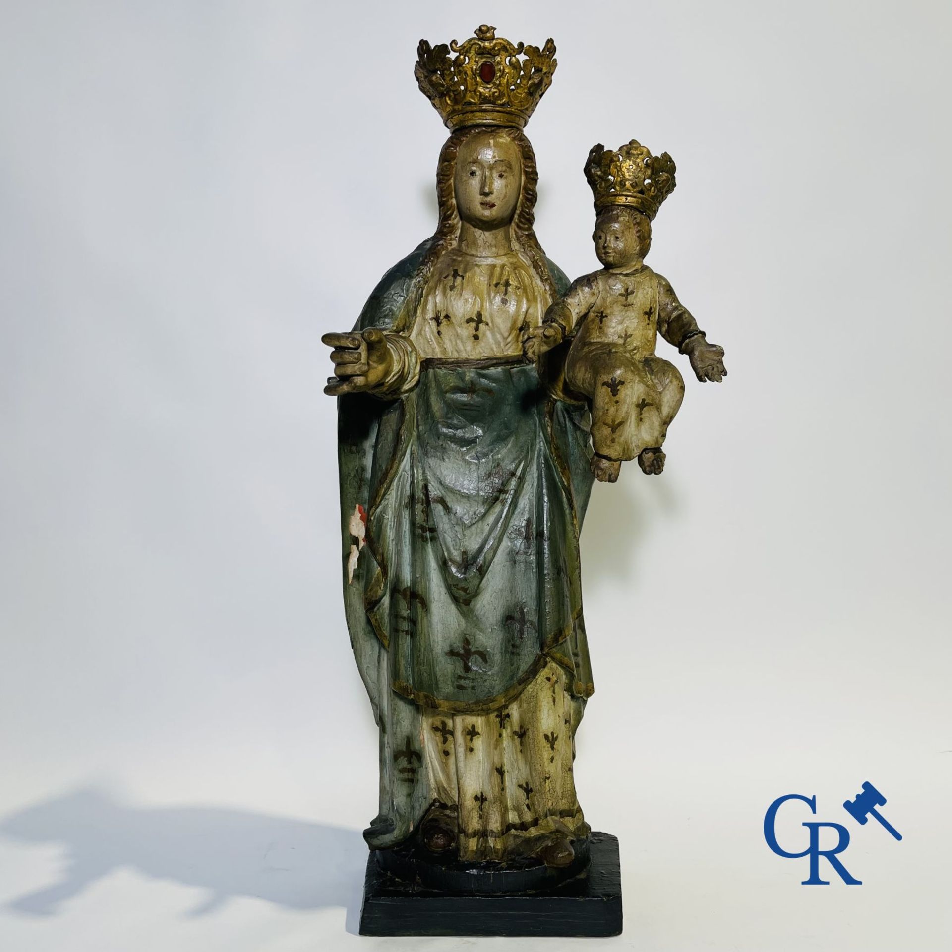 Wooden polychrome Baroque sculpture of Mary with child. The Crown inlaid with an amber-like rock. - Image 2 of 30