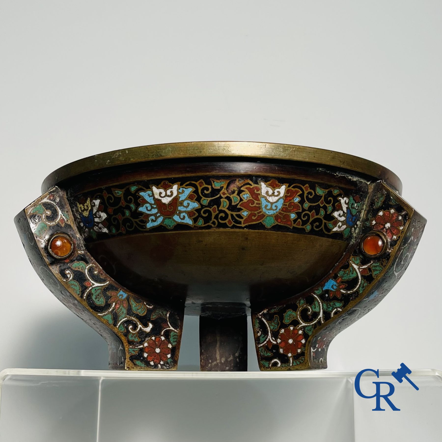 Asian Art: A three-legged bronze and cloisonne incense burner. Marked. - Image 2 of 21