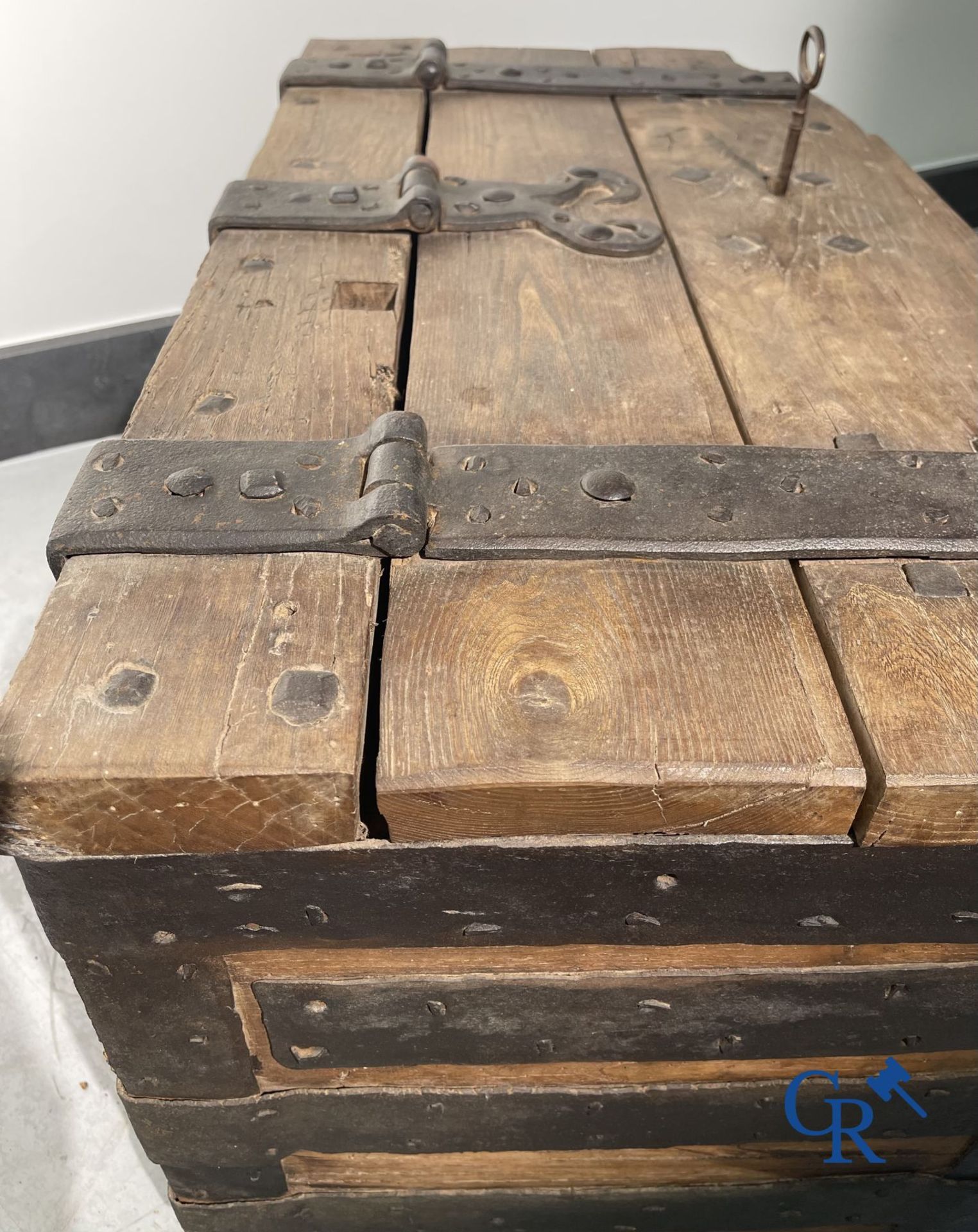 Antique wooden chest with hardware and lockwork in forging. - Image 12 of 21